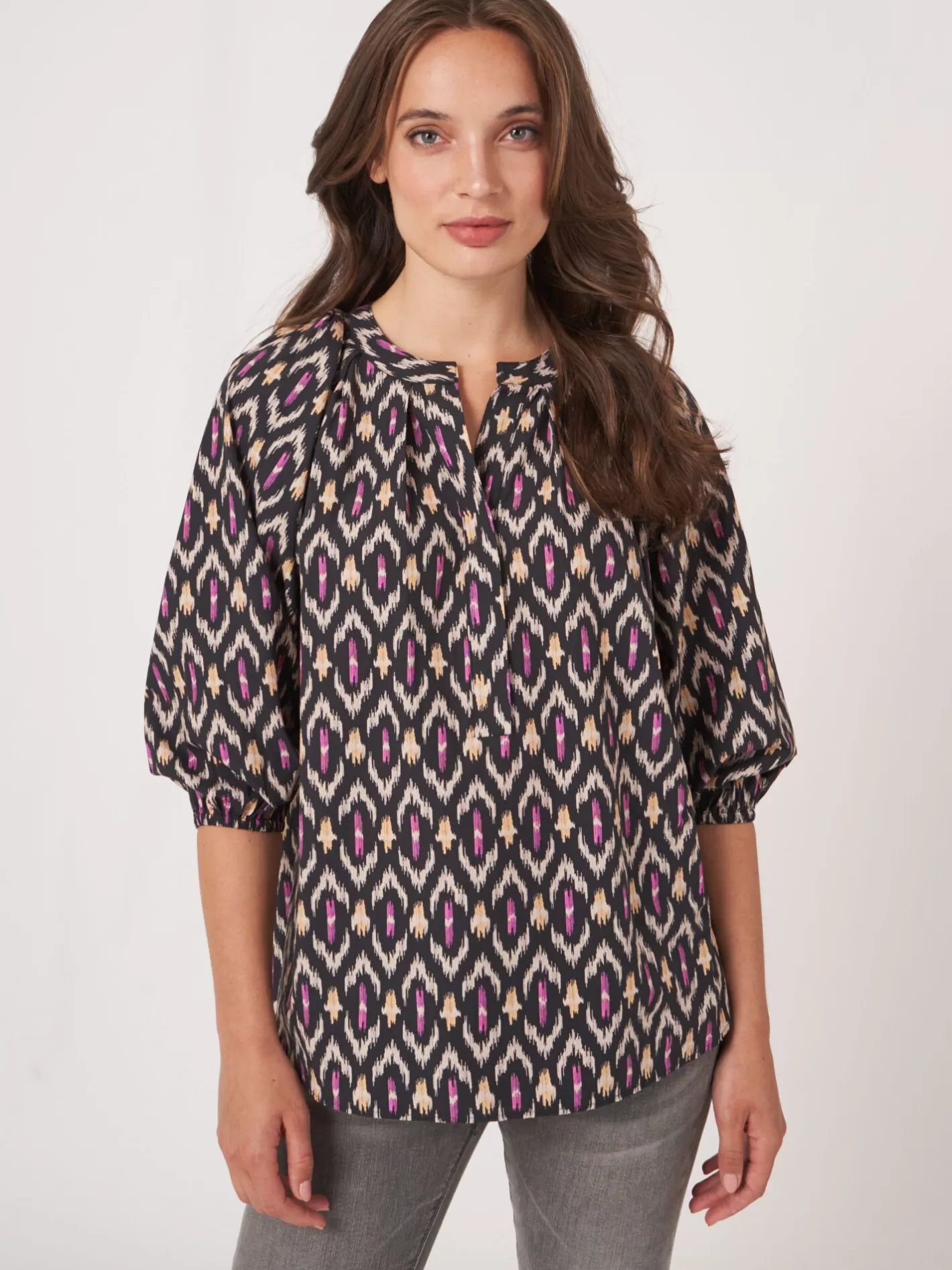 Blouses<REPEAT cashmere Cotton Blouse With Ikat Print Black