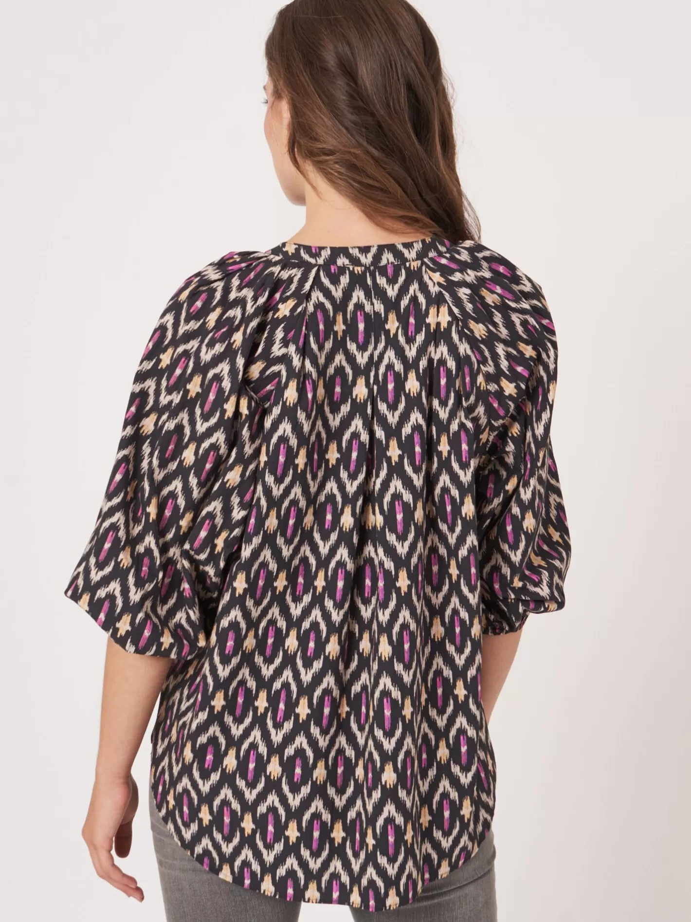 Blouses<REPEAT cashmere Cotton Blouse With Ikat Print Black