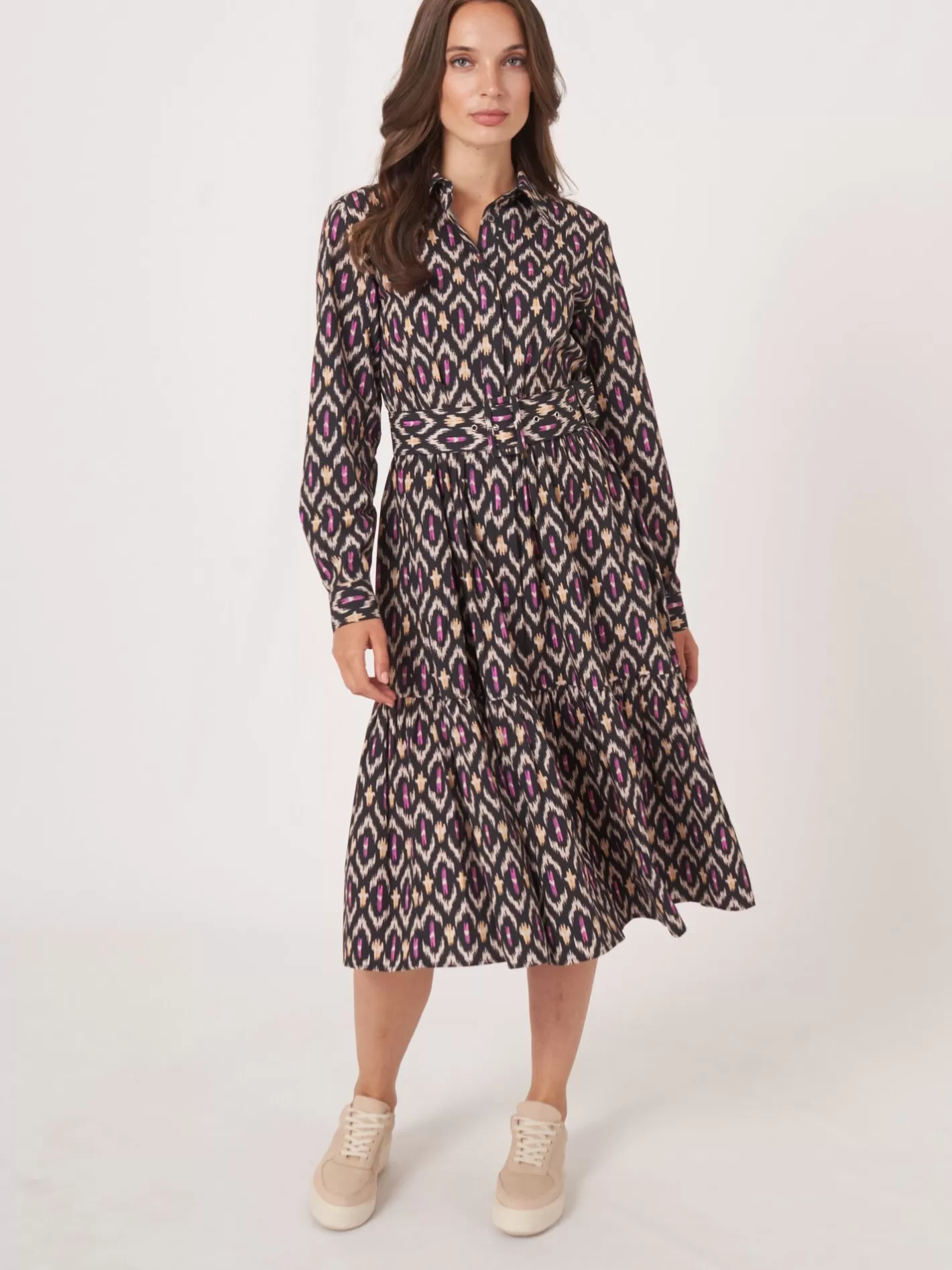 Dresses & Skirts<REPEAT cashmere Cotton Ikat Print Shirt Dress With Belt Black