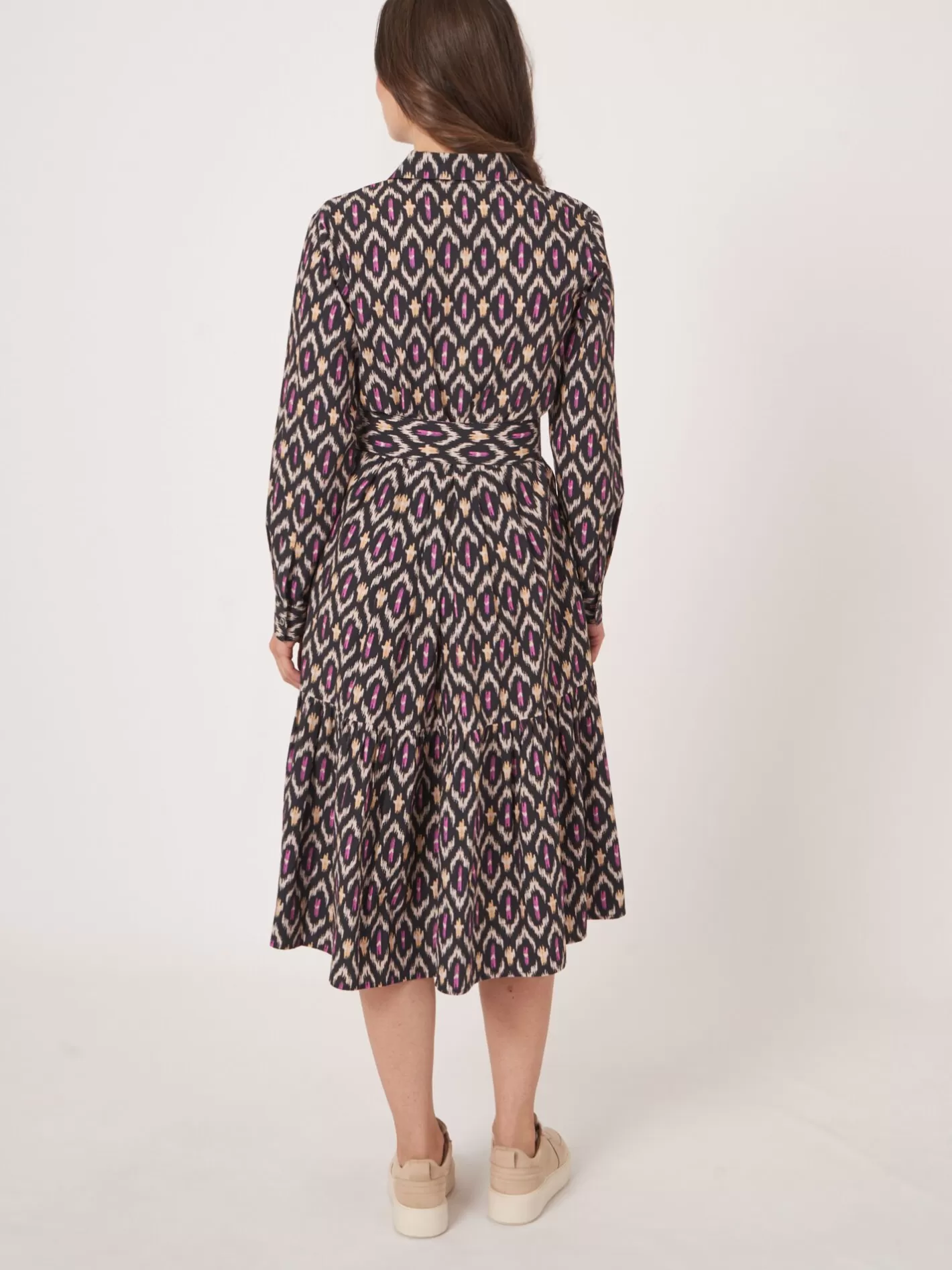 Dresses & Skirts<REPEAT cashmere Cotton Ikat Print Shirt Dress With Belt Black