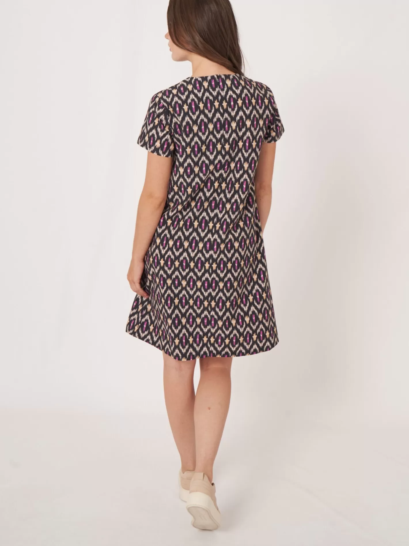 Dresses & Skirts<REPEAT cashmere Cotton Shift Dress With Ikat Print Black