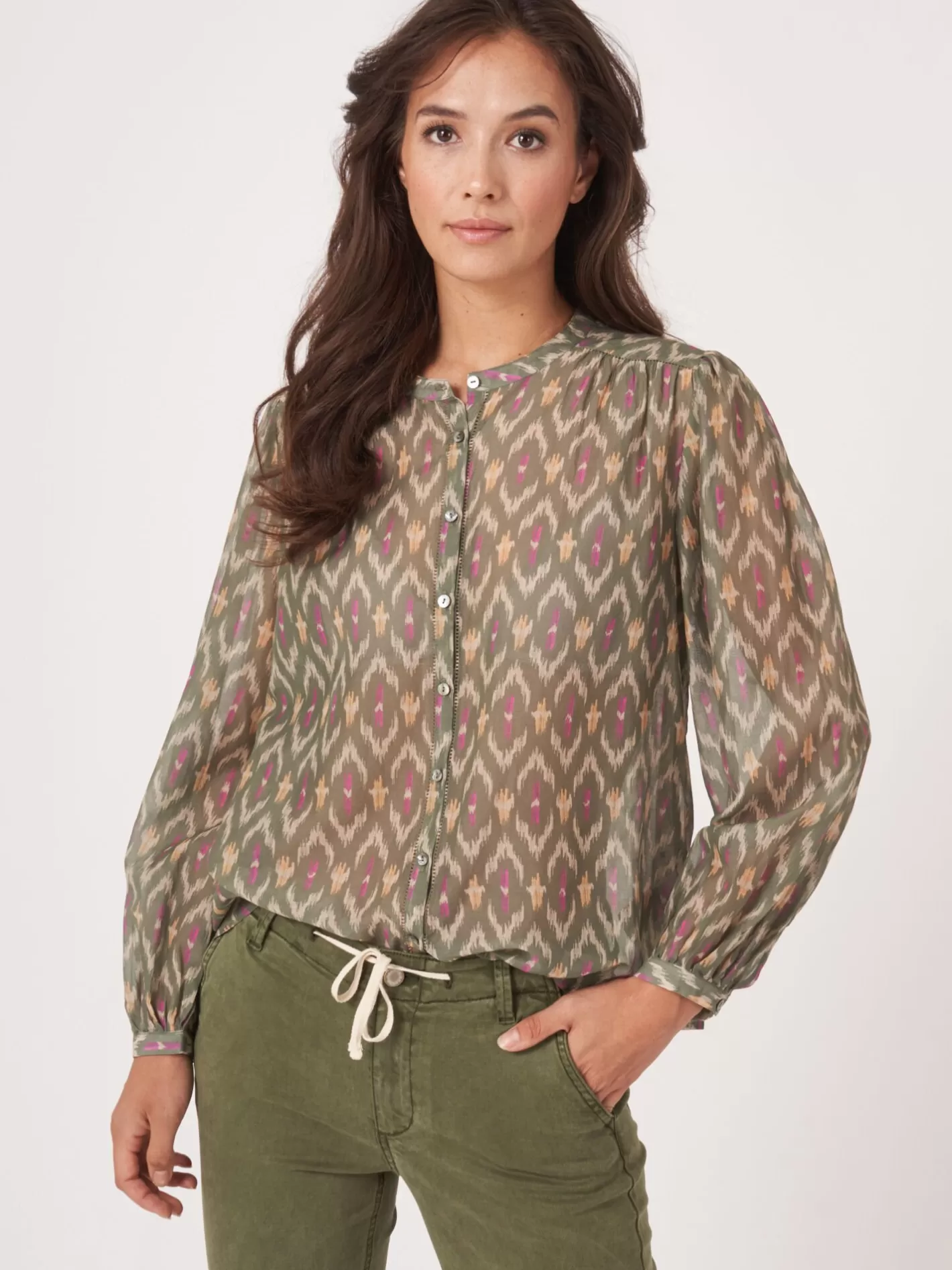 Blouses<REPEAT cashmere Cotton Silk Blend Blouse With Ikat Print Matcha