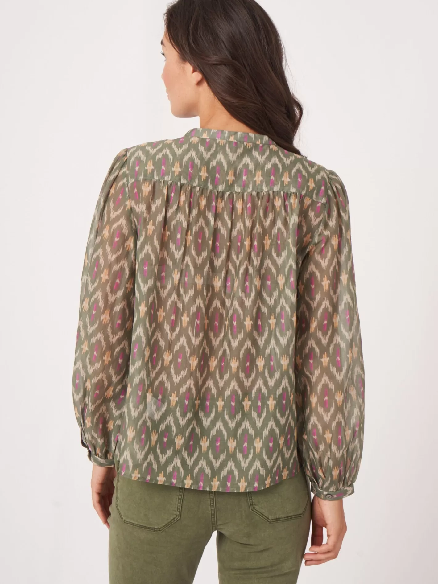 Blouses<REPEAT cashmere Cotton Silk Blend Blouse With Ikat Print Matcha