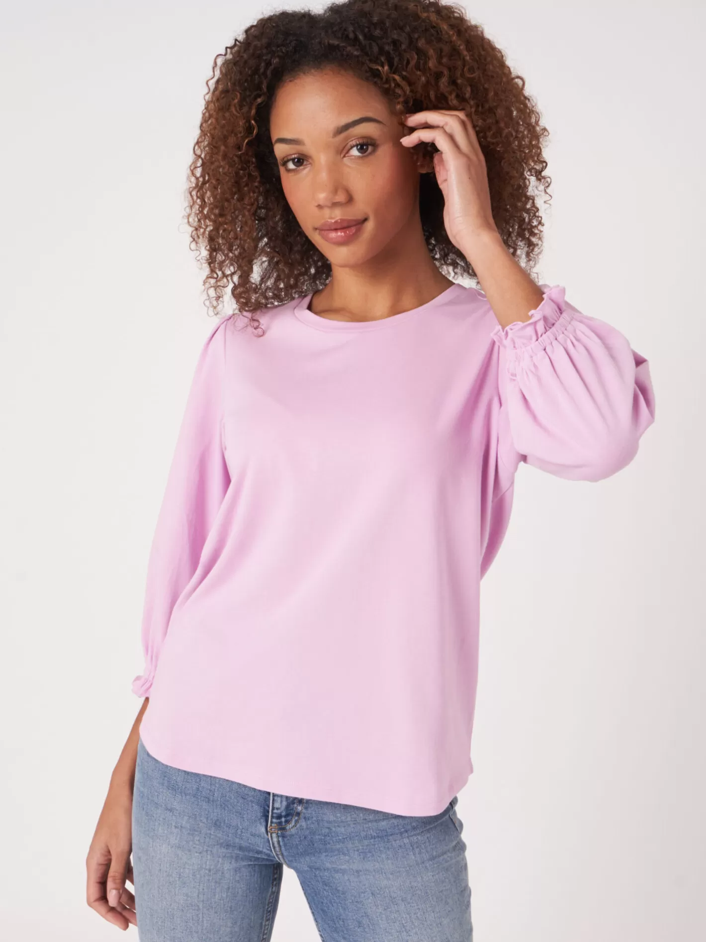 Tops<REPEAT cashmere Cotton Stretch T-Shirt With 3/4 Sleeves With Elastic Cuff And Ruffle Orchid