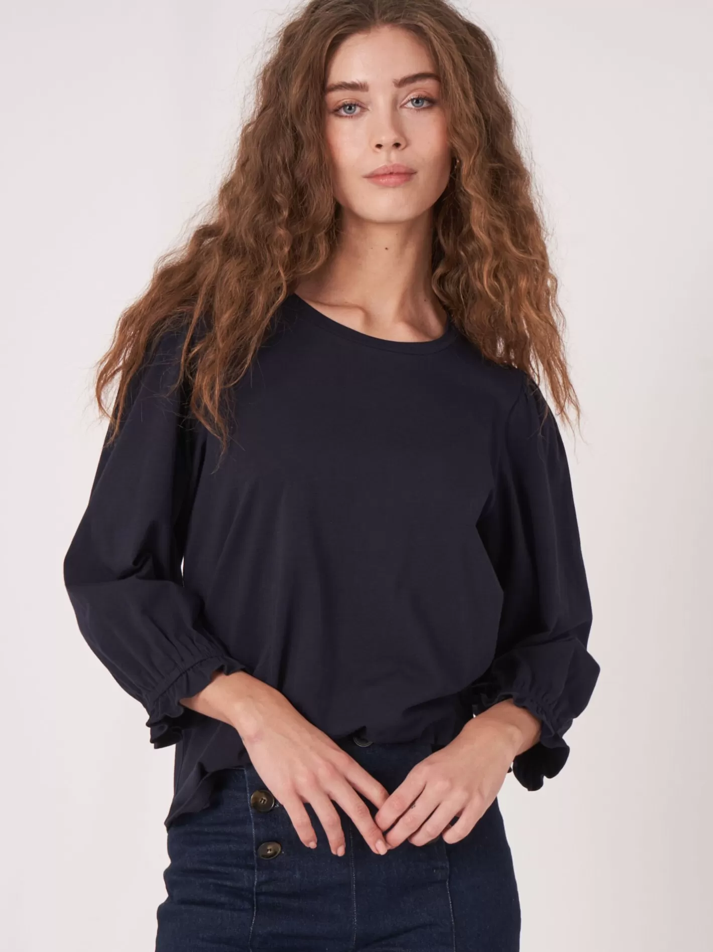 Tops<REPEAT cashmere Cotton Stretch T-Shirt With 3/4 Sleeves With Elastic Cuff And Ruffle Navy