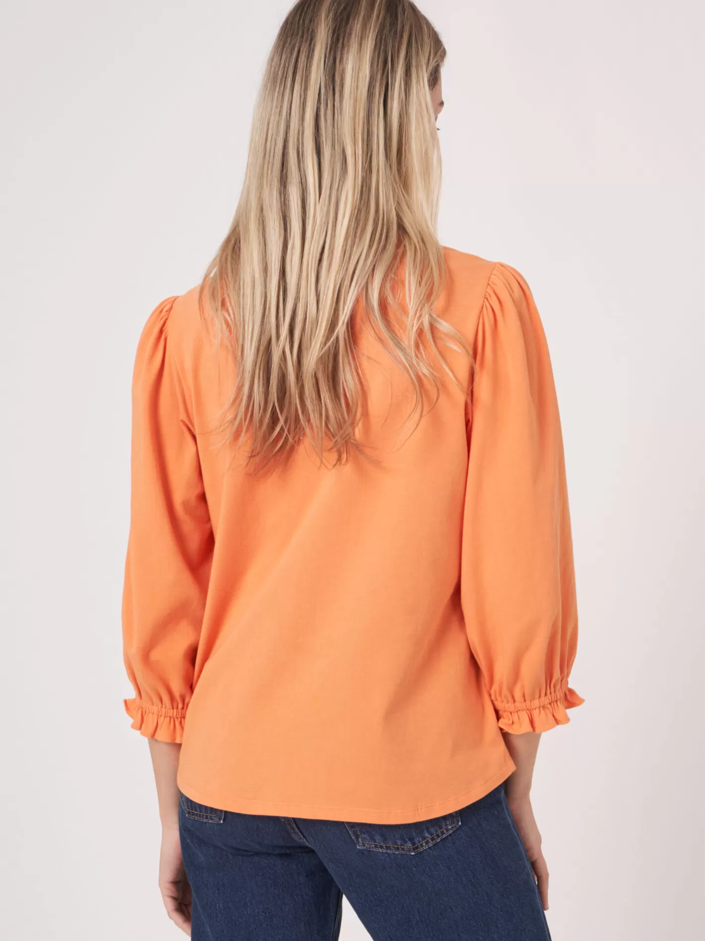 Tops<REPEAT cashmere Cotton Stretch T-Shirt With 3/4 Sleeves With Elastic Cuff And Ruffle Papaya
