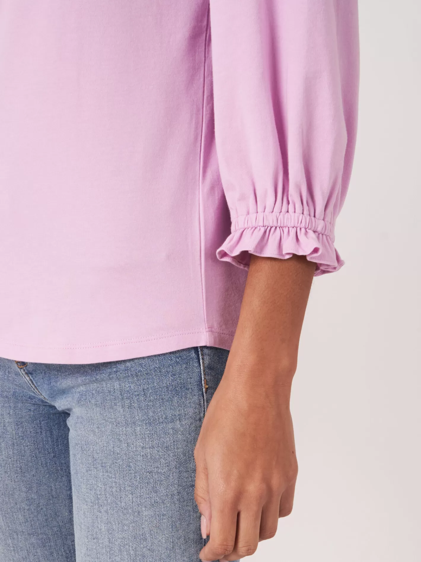 Tops<REPEAT cashmere Cotton Stretch T-Shirt With 3/4 Sleeves With Elastic Cuff And Ruffle Orchid