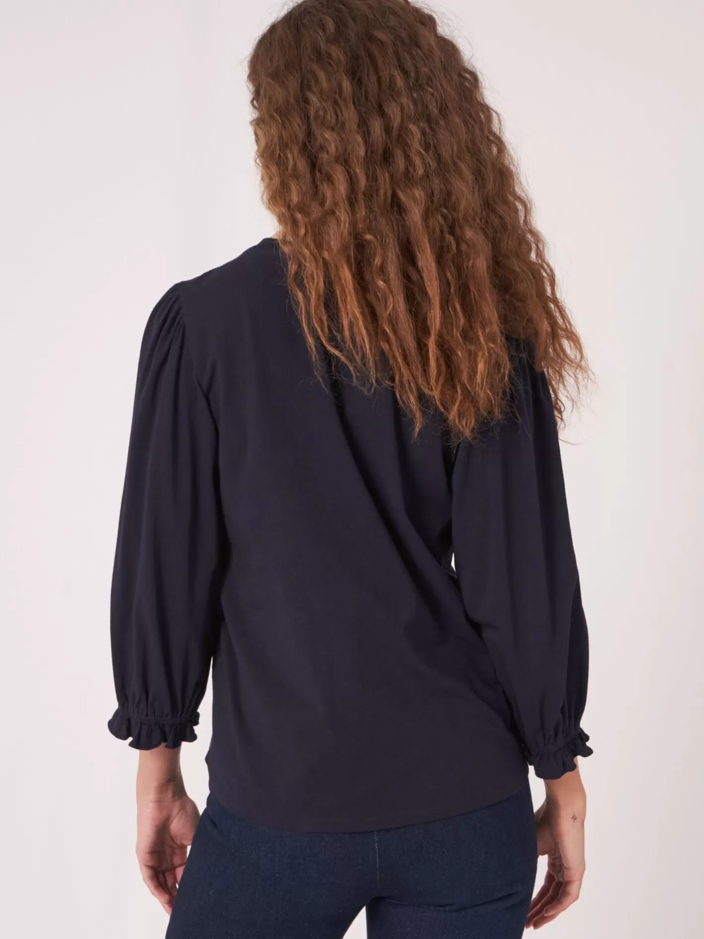 Tops<REPEAT cashmere Cotton Stretch T-Shirt With 3/4 Sleeves With Elastic Cuff And Ruffle Navy