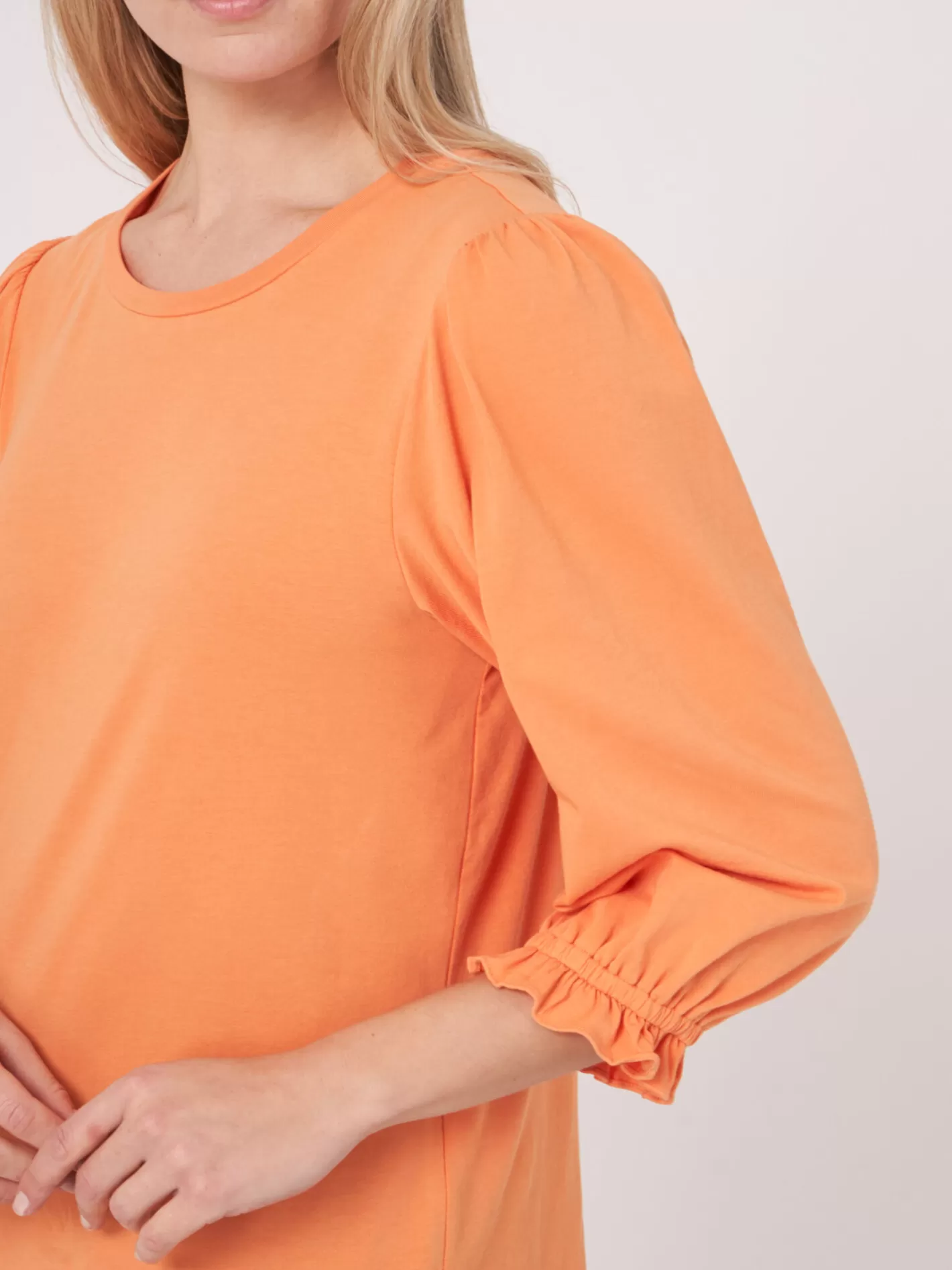 Tops<REPEAT cashmere Cotton Stretch T-Shirt With 3/4 Sleeves With Elastic Cuff And Ruffle Papaya