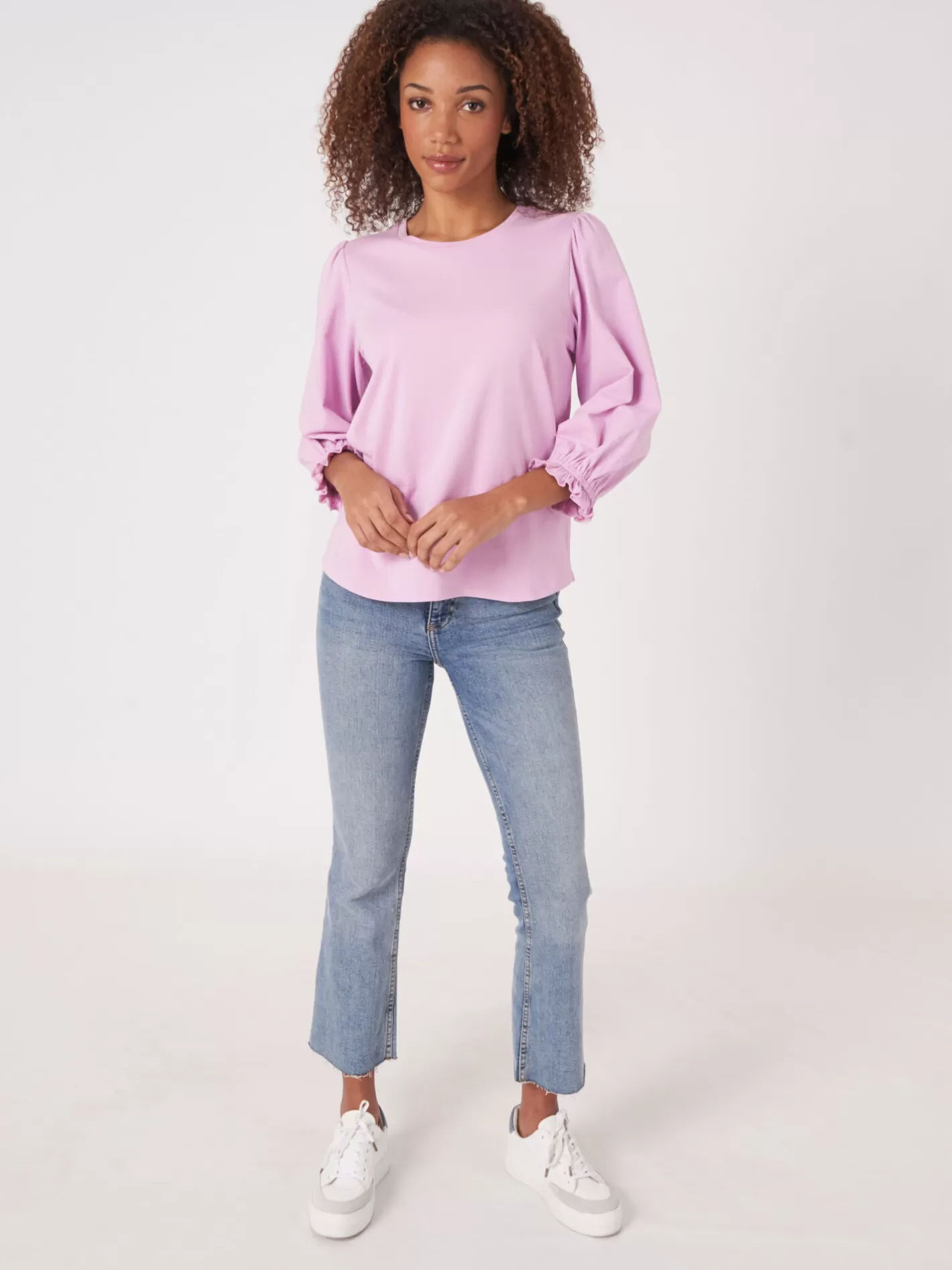 Tops<REPEAT cashmere Cotton Stretch T-Shirt With 3/4 Sleeves With Elastic Cuff And Ruffle Orchid