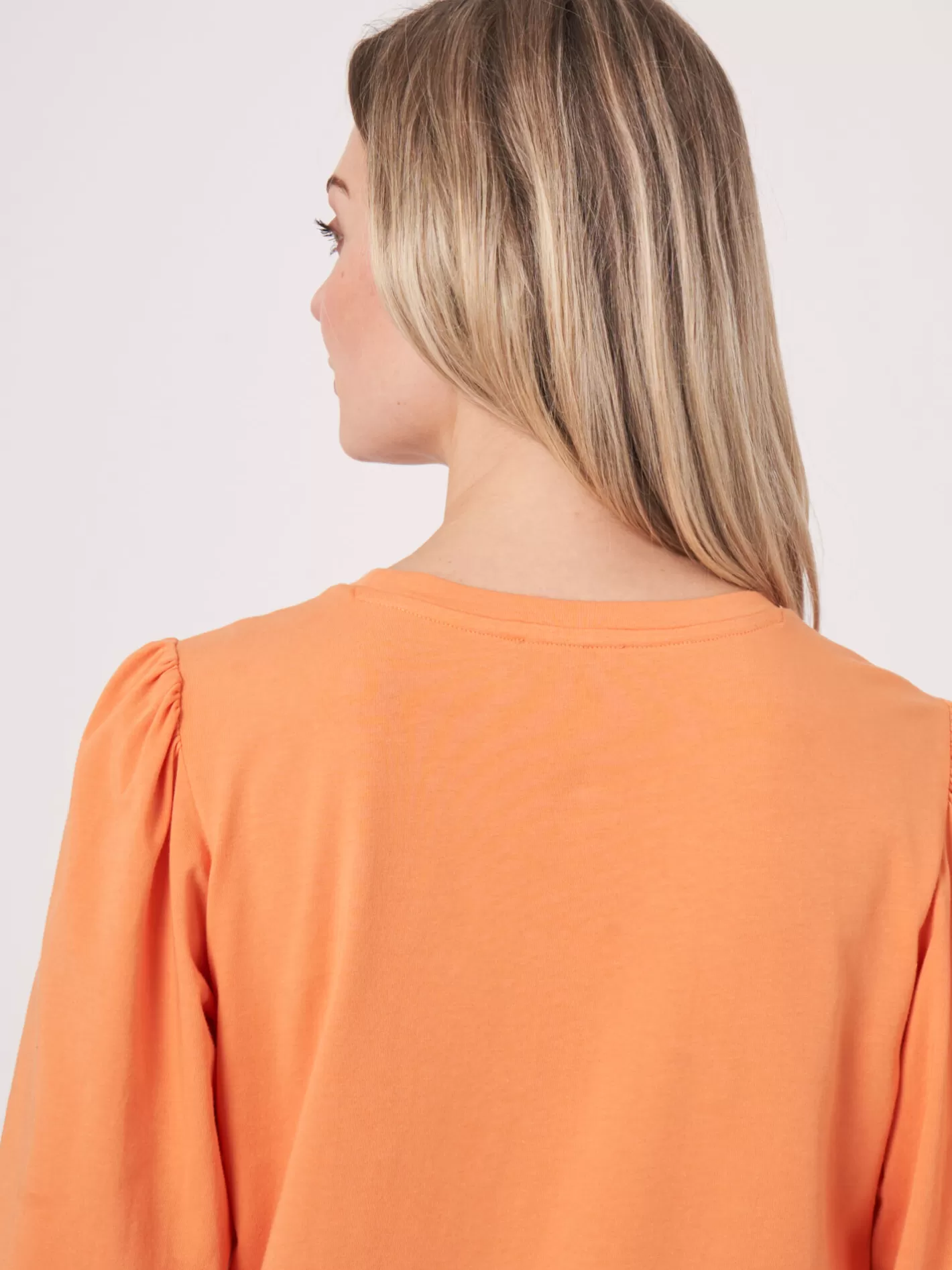 Tops<REPEAT cashmere Cotton Stretch T-Shirt With 3/4 Sleeves With Elastic Cuff And Ruffle Papaya