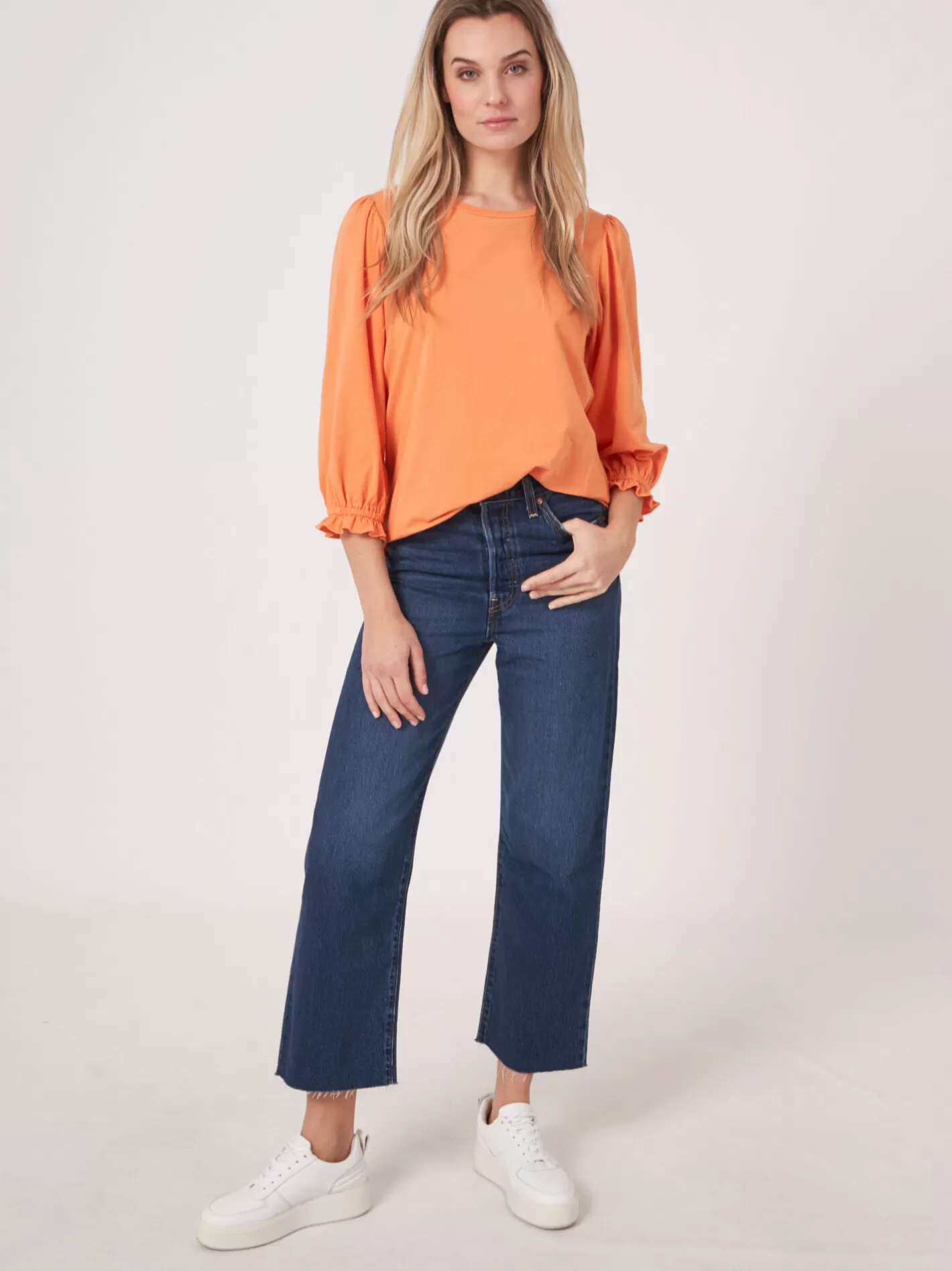 Tops<REPEAT cashmere Cotton Stretch T-Shirt With 3/4 Sleeves With Elastic Cuff And Ruffle Papaya