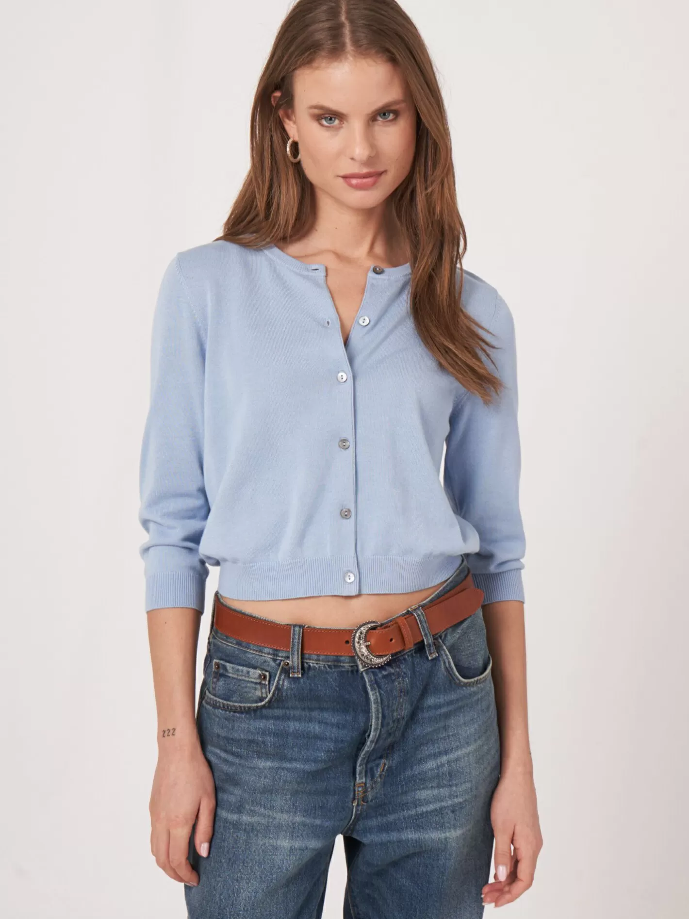Cardigans<REPEAT cashmere Cropped Cardigan With Crew Neck In Organic Cotton Blend Lt Blue