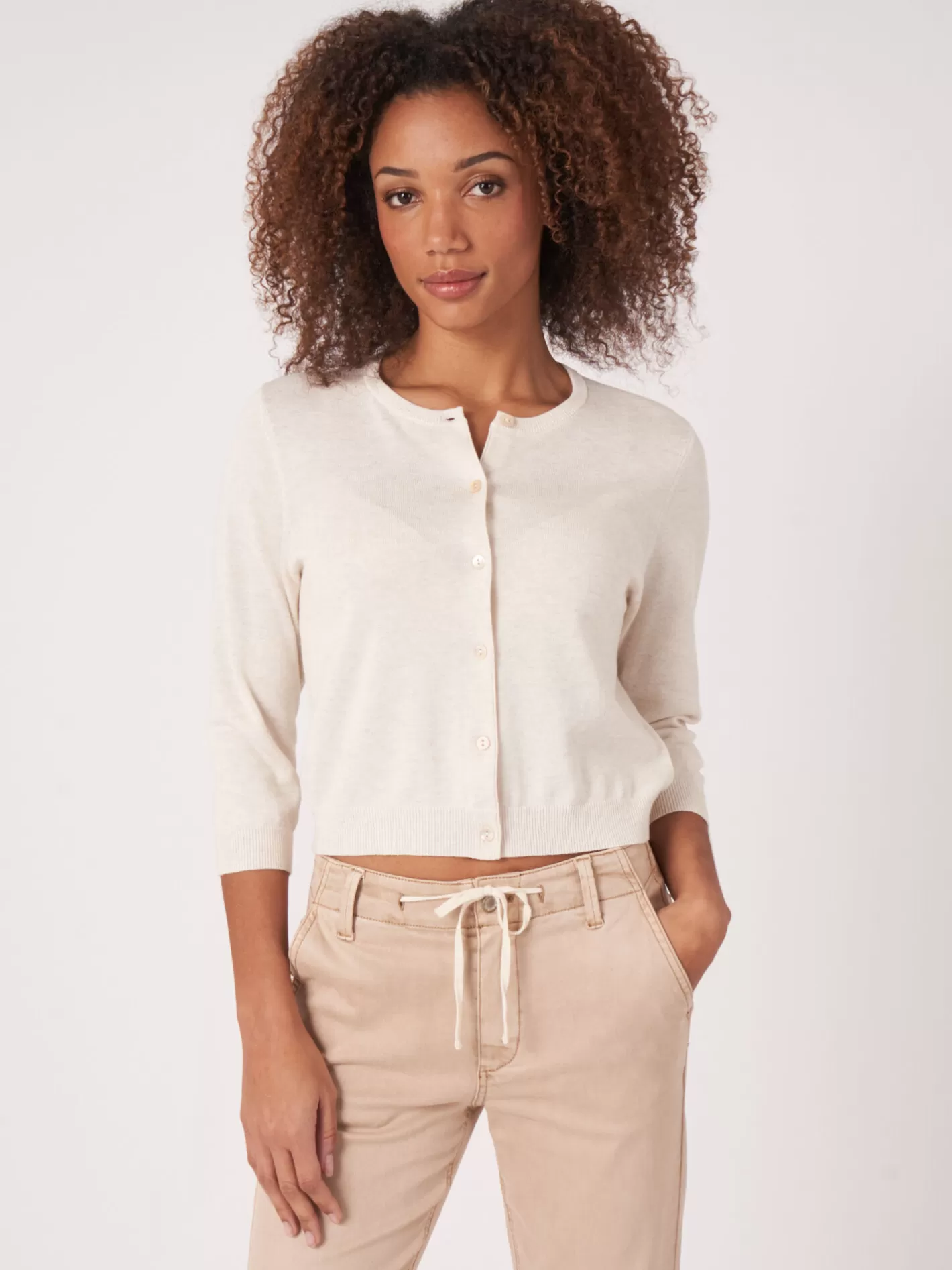 Cardigans<REPEAT cashmere Cropped Cardigan With Crew Neck In Organic Cotton Blend Ivory