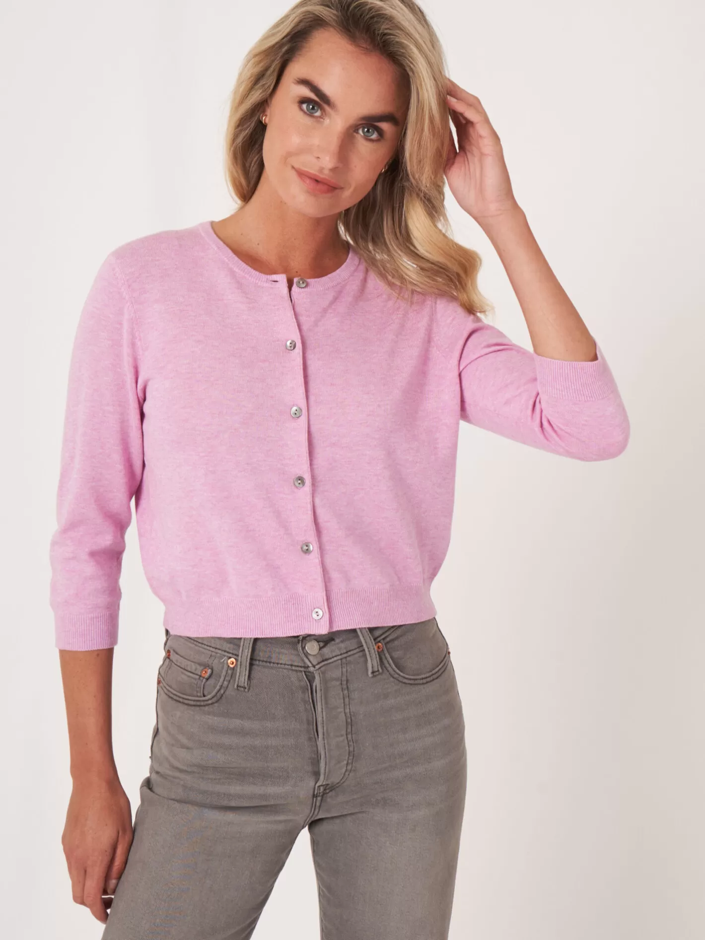 Cardigans<REPEAT cashmere Cropped Cardigan With Crew Neck In Organic Cotton Blend Orchid