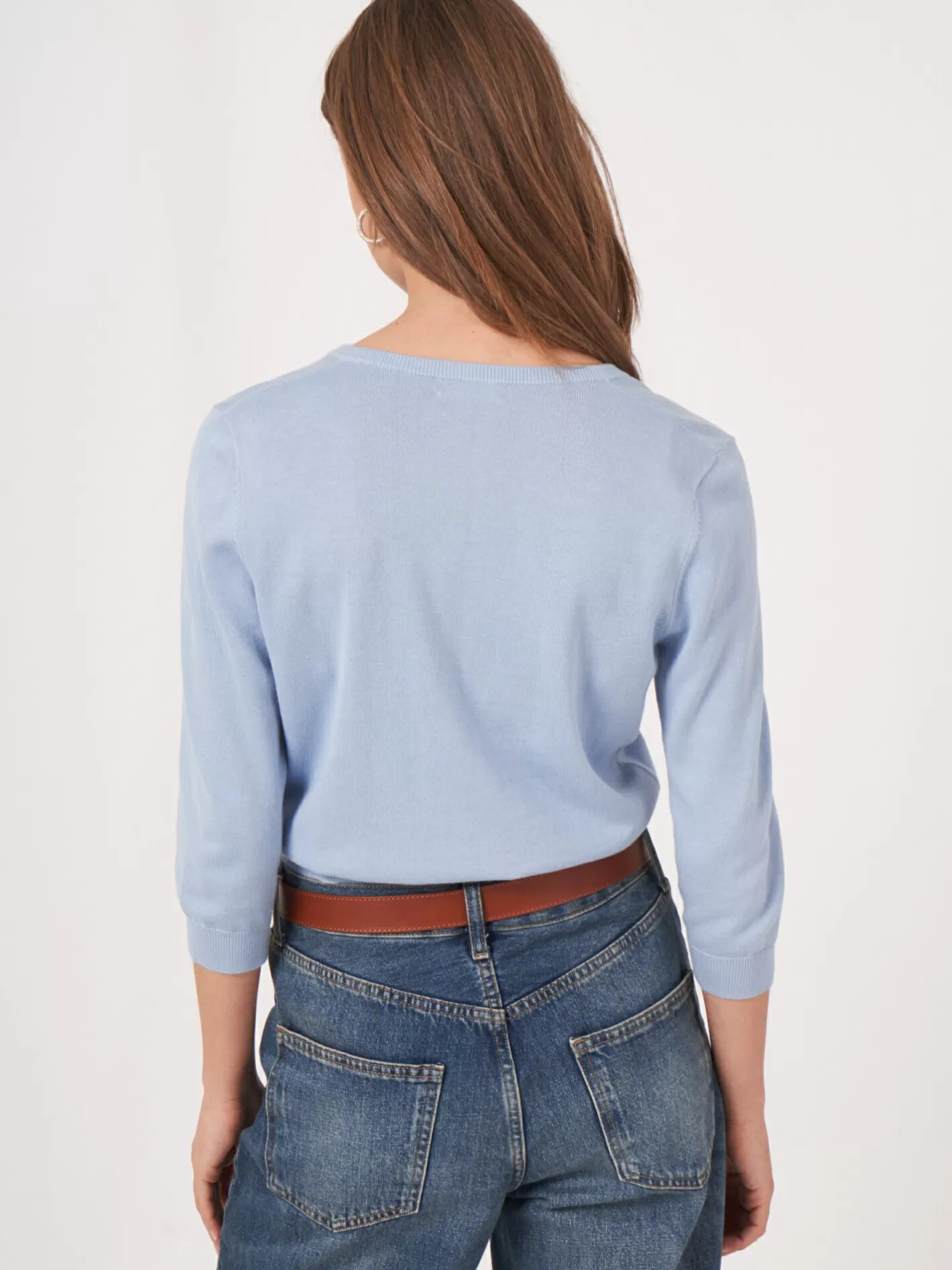 Cardigans<REPEAT cashmere Cropped Cardigan With Crew Neck In Organic Cotton Blend Lt Blue