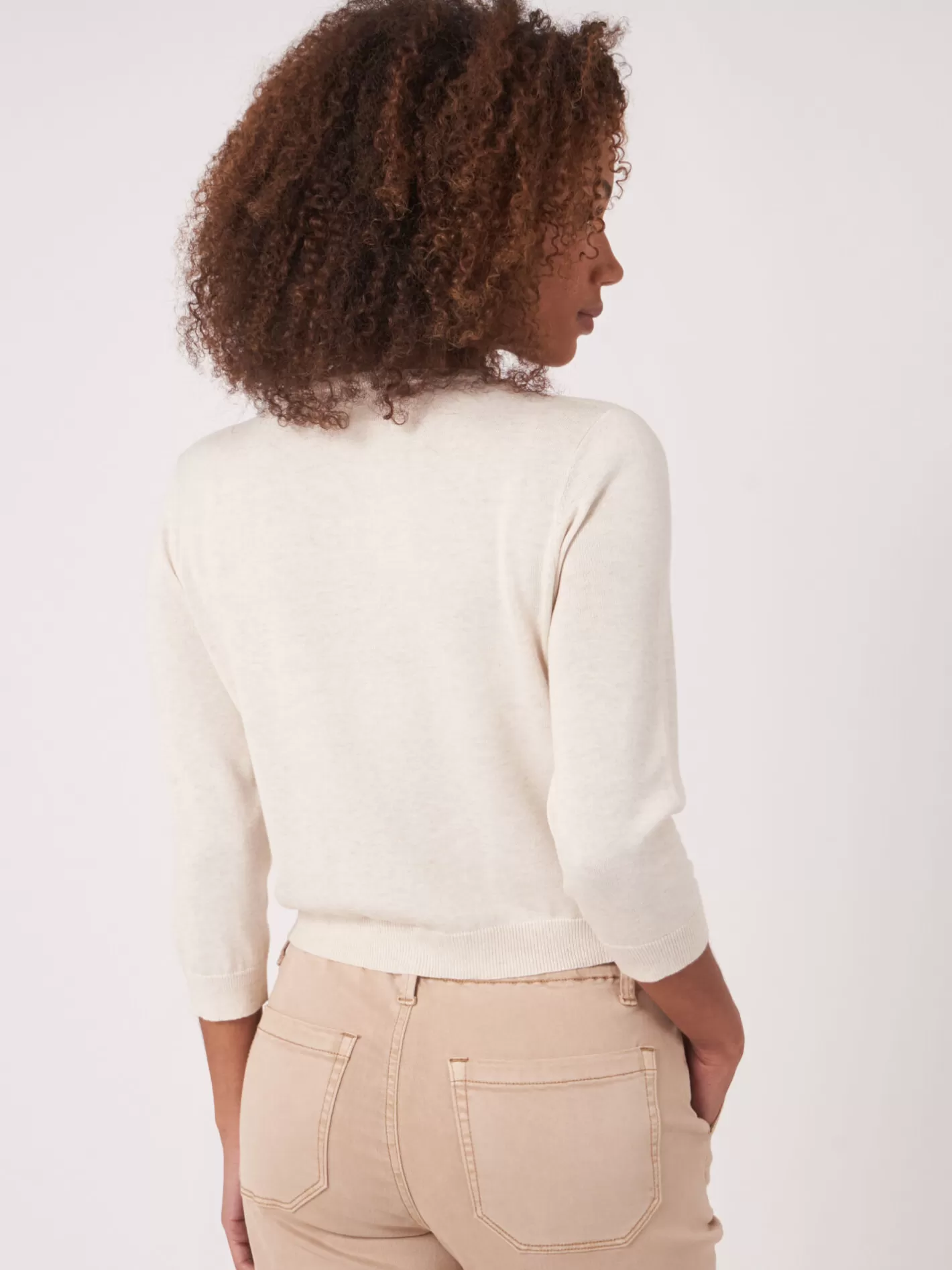 Cardigans<REPEAT cashmere Cropped Cardigan With Crew Neck In Organic Cotton Blend Ivory