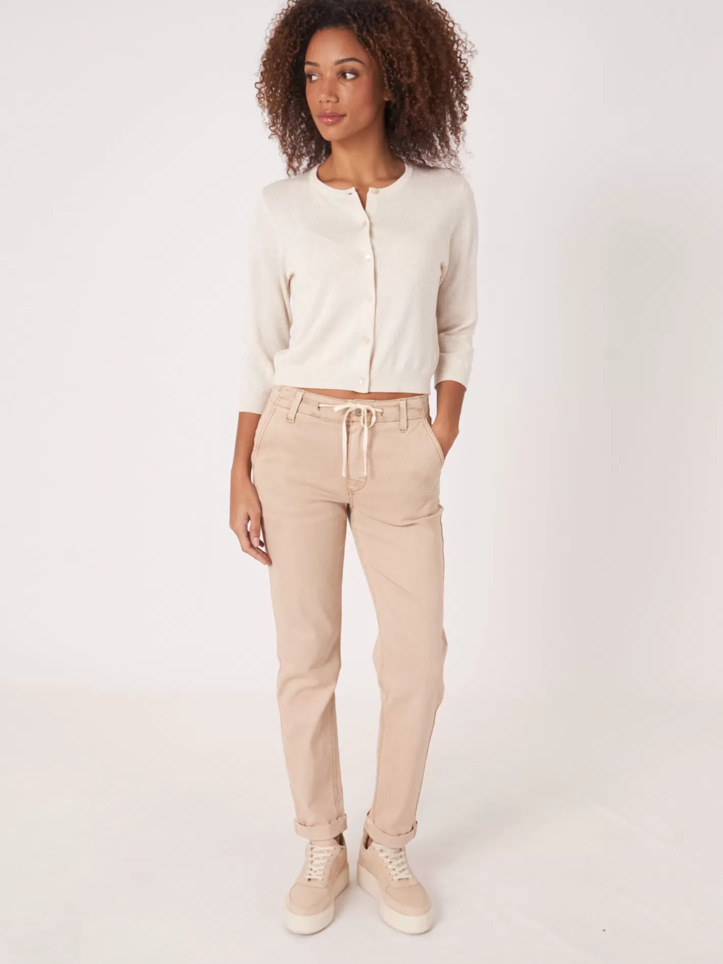 Cardigans<REPEAT cashmere Cropped Cardigan With Crew Neck In Organic Cotton Blend Ivory