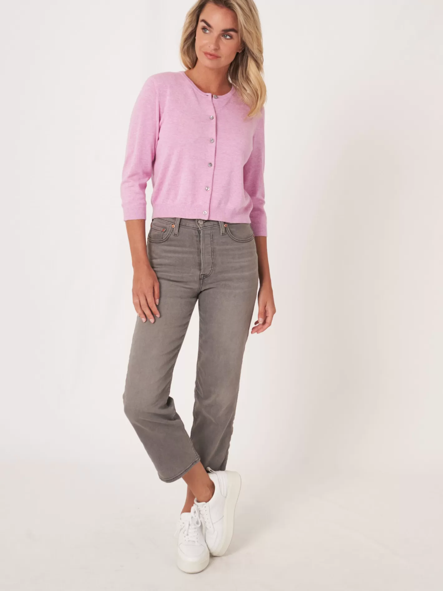 Cardigans<REPEAT cashmere Cropped Cardigan With Crew Neck In Organic Cotton Blend Orchid