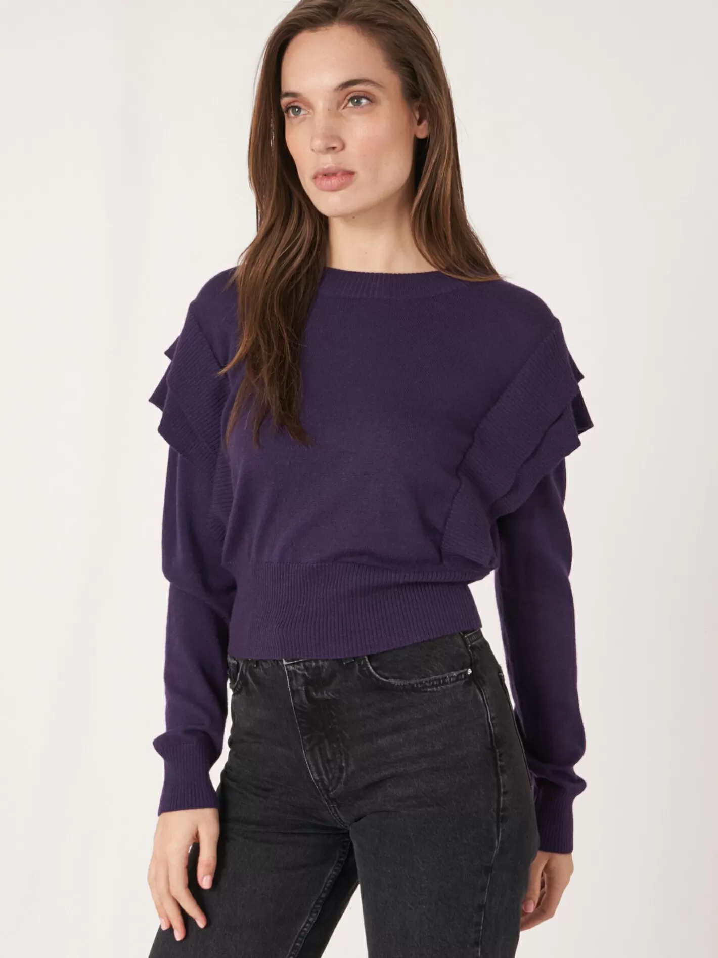 Sweaters<REPEAT cashmere Cropped Merino Wool Sweater With Shoulder Detail Purple