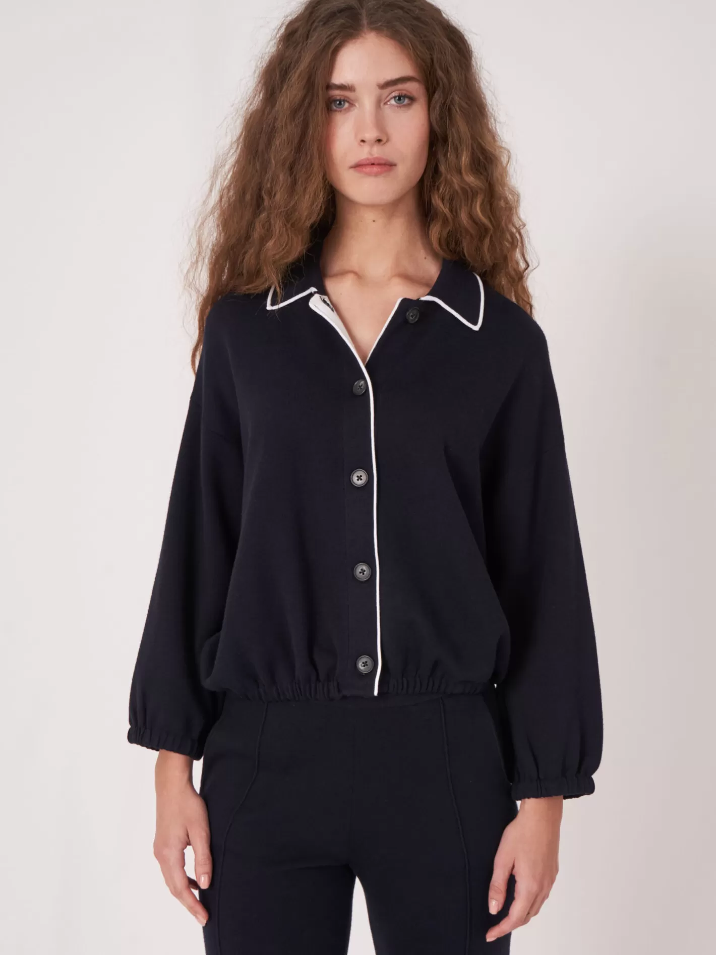 Cardigans<REPEAT cashmere Double Knit Cardigan With Shirt Collar And Contrasting Seam Navy