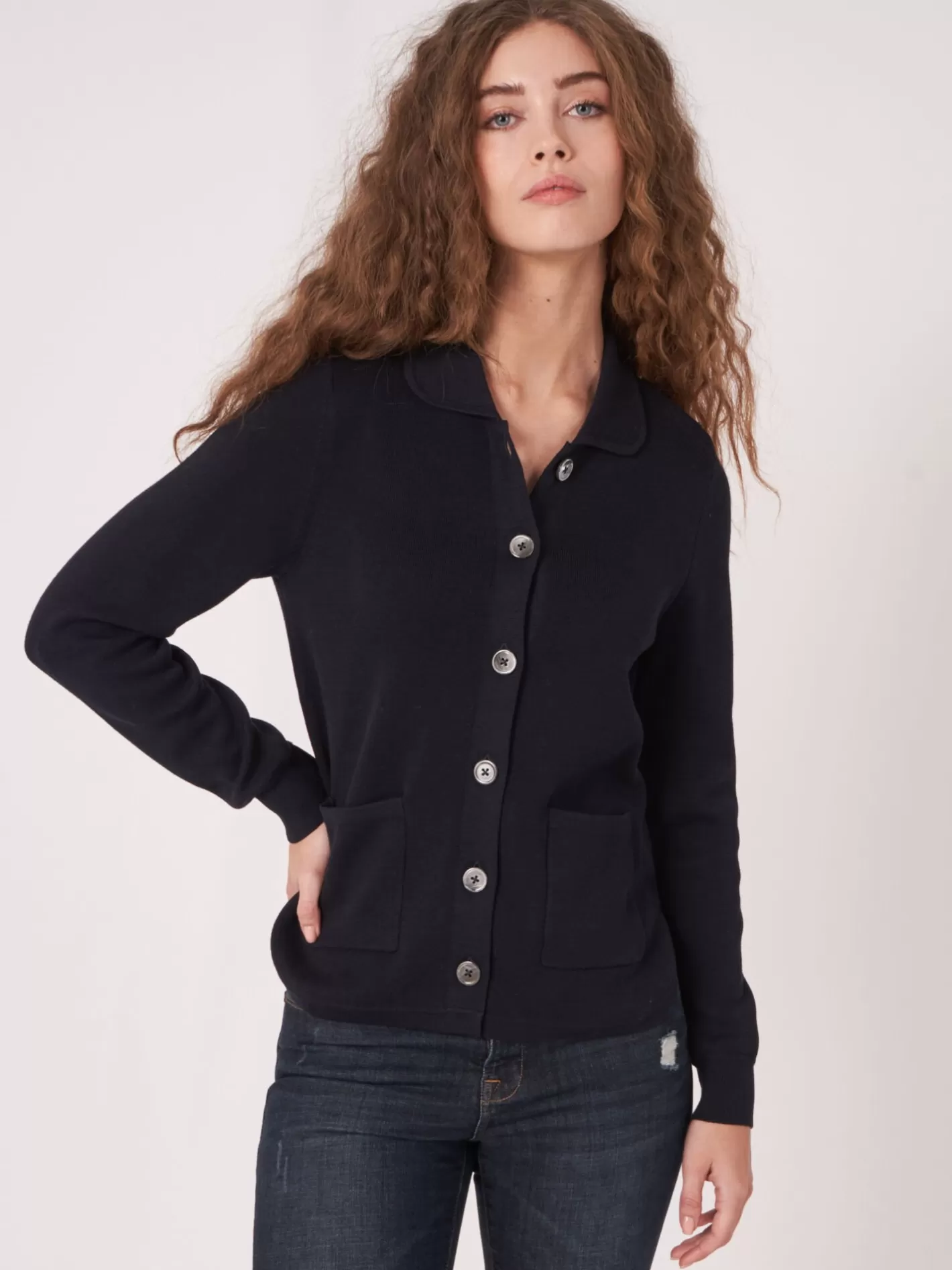 Cardigans<REPEAT cashmere Double Knit Cardigan With Shirt Collar And Pockets Navy