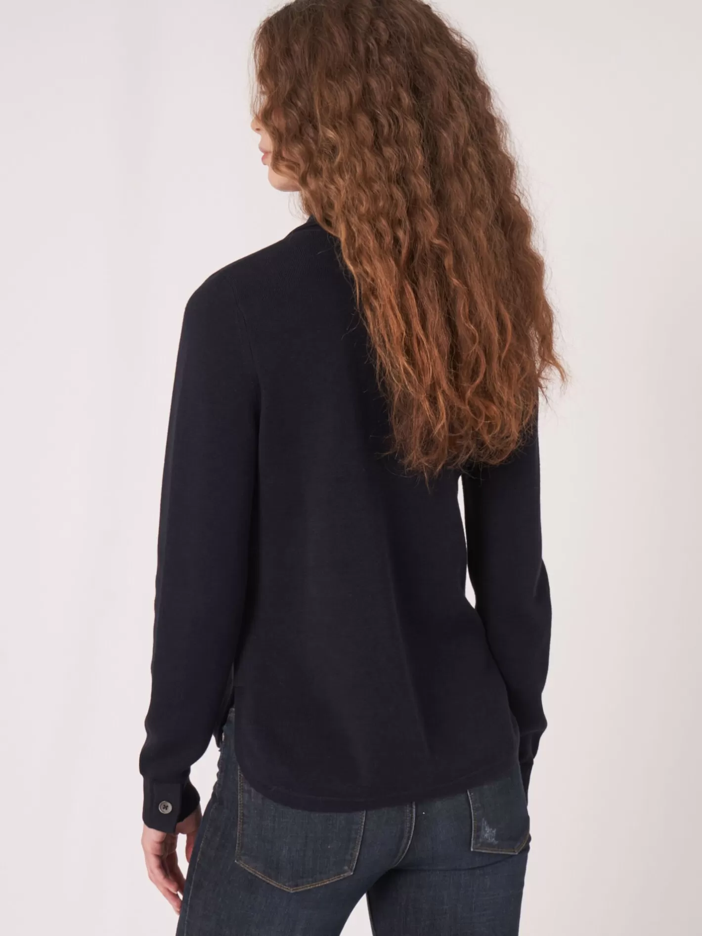 Cardigans<REPEAT cashmere Double Knit Cardigan With Shirt Collar And Pockets Navy