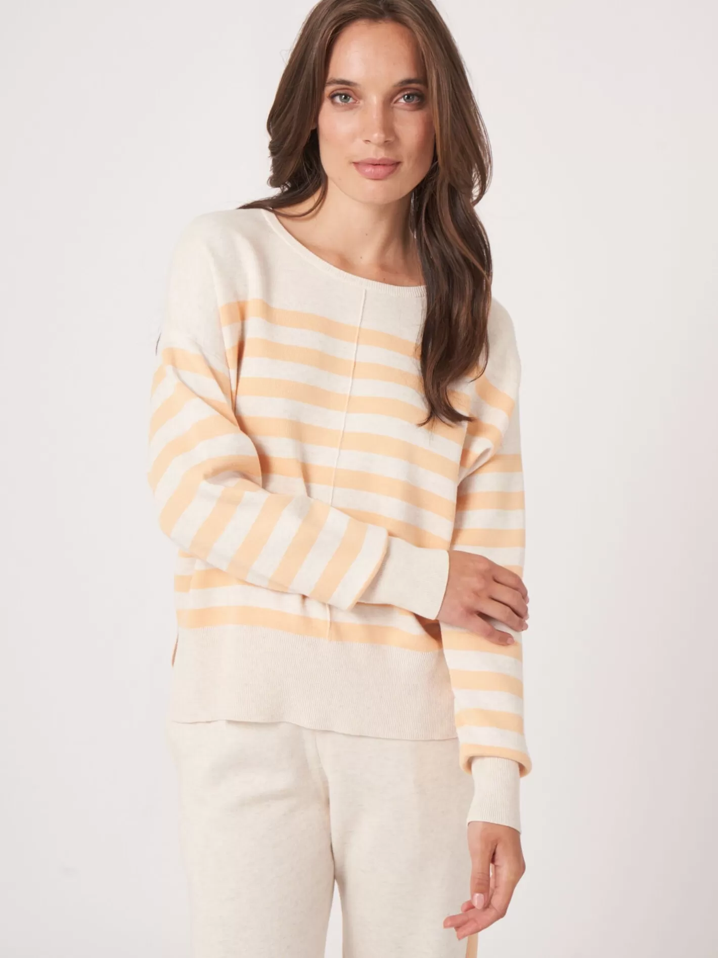 Sweaters<REPEAT cashmere Double Knit Cotton Blend Sweater With Stripes Glow