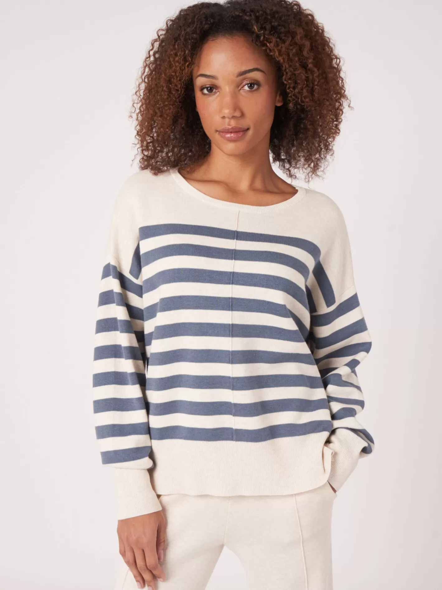 Sweaters<REPEAT cashmere Double Knit Cotton Blend Sweater With Stripes Denim