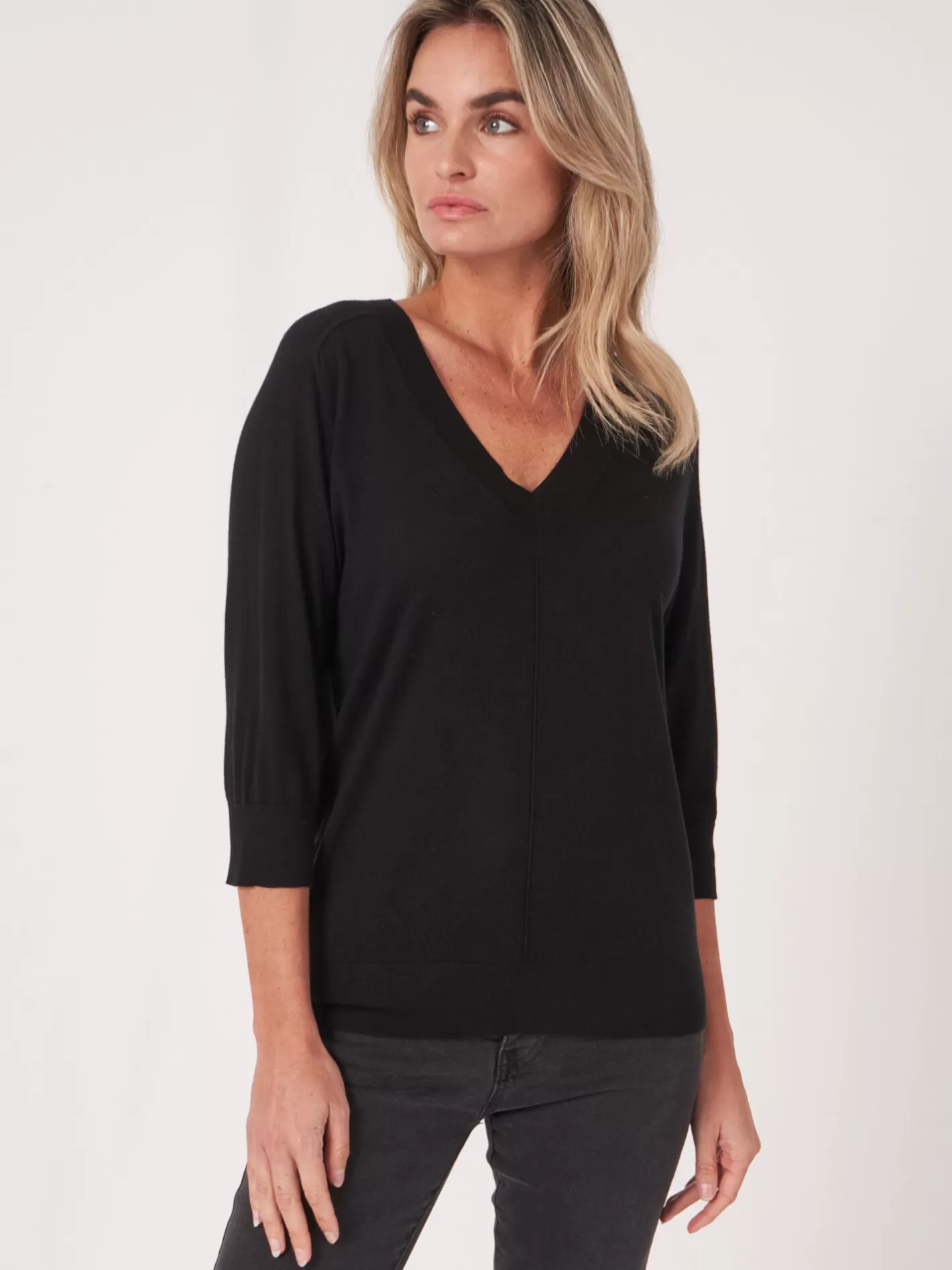 Sweaters<REPEAT cashmere Elbow Sleeve Cashmere Silk Blend Sweater Black