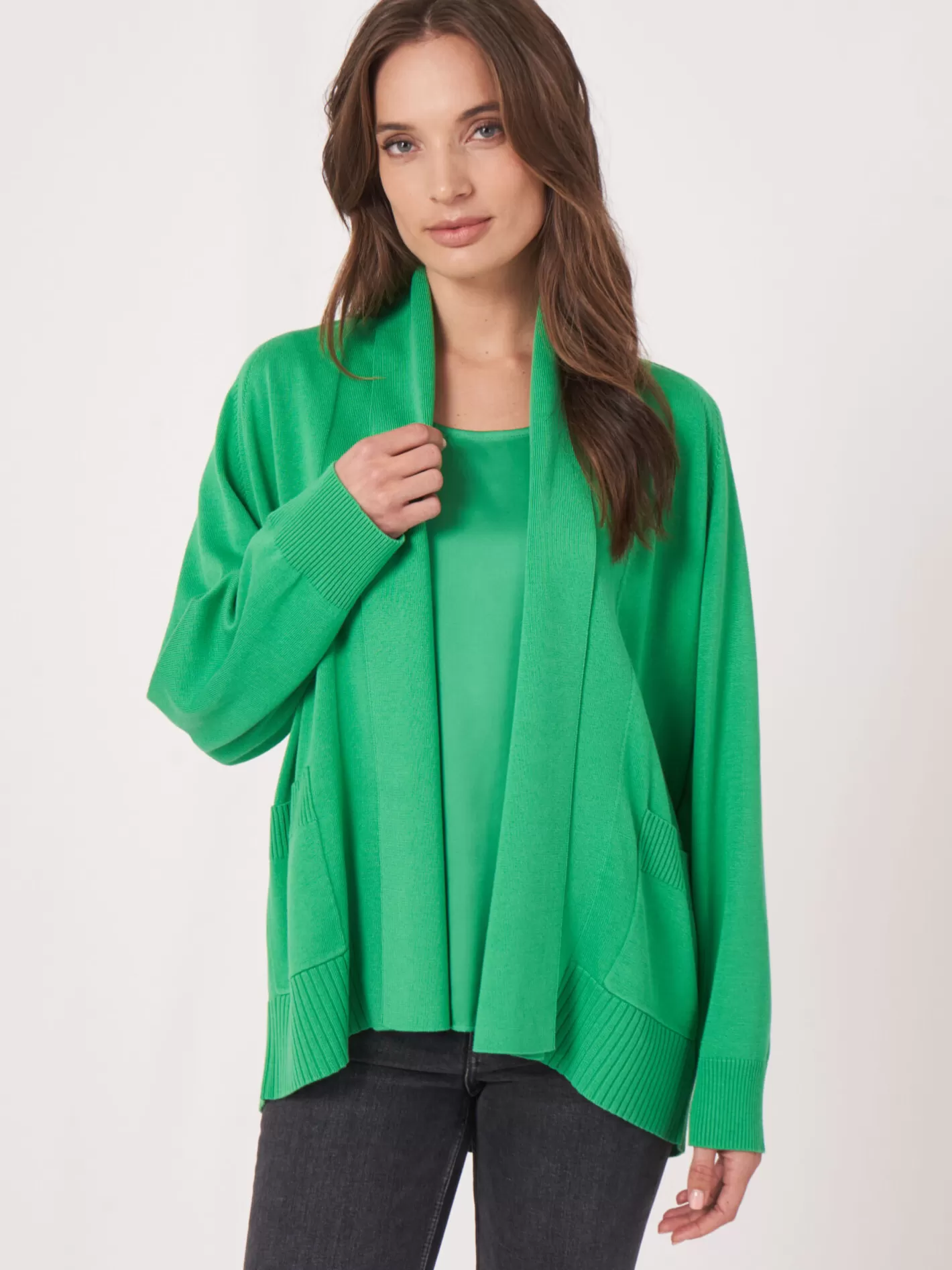 Cardigans<REPEAT cashmere Fine Knit Cotton Blend Shawl Neck Cardigan With Pockets Green