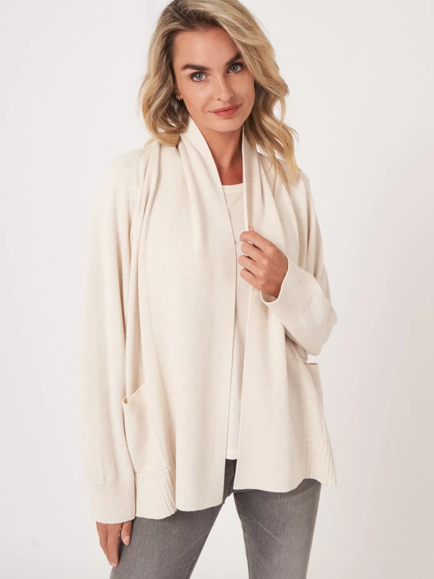 Cardigans<REPEAT cashmere Fine Knit Cotton Blend Shawl Neck Cardigan With Pockets Ivory