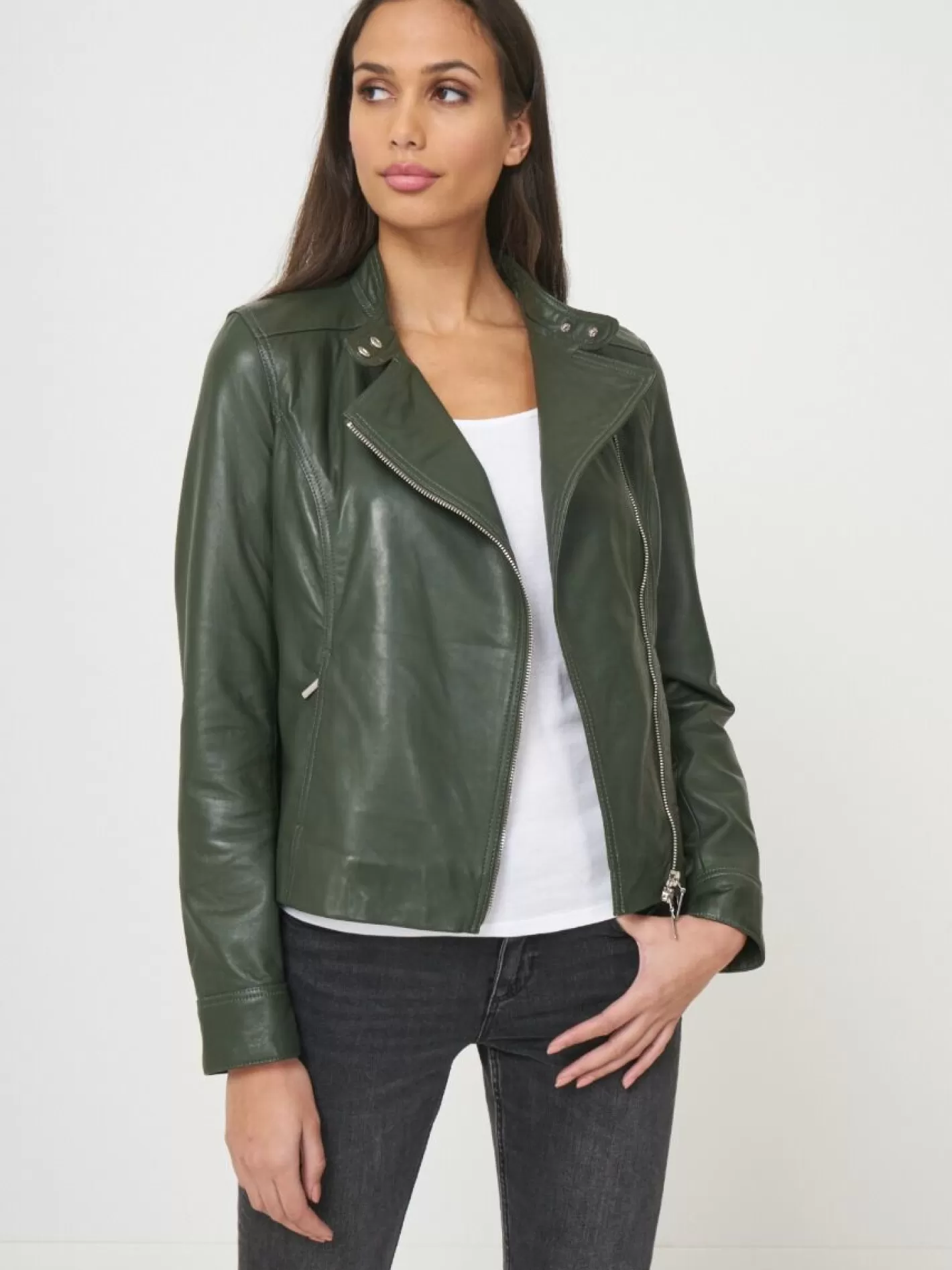 Leather<REPEAT cashmere Fitted Leather Biker Jacket Seaweed