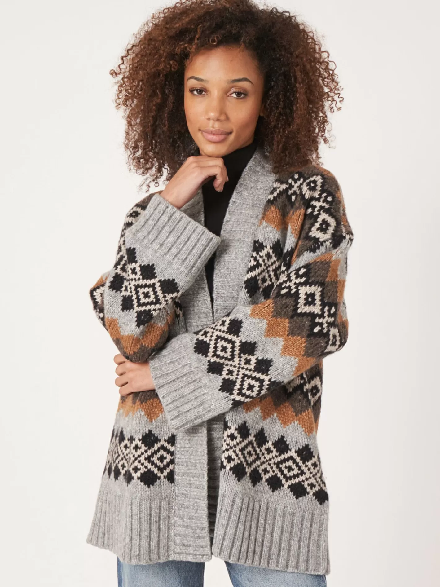 Cardigans<REPEAT cashmere Italian Yarn Intarsia Knit Cardigan Lt. Grey