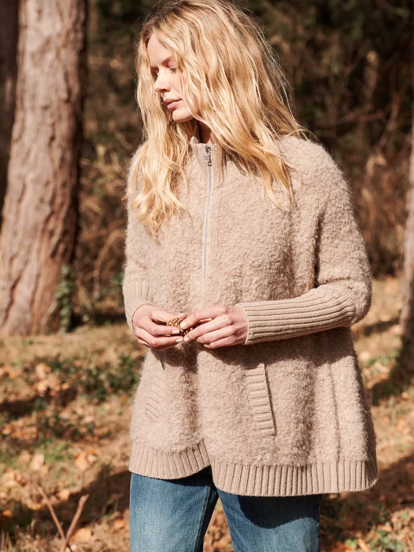 Cardigans<REPEAT cashmere Italian Yarn Zip Up Cardigan With Pockets Beige