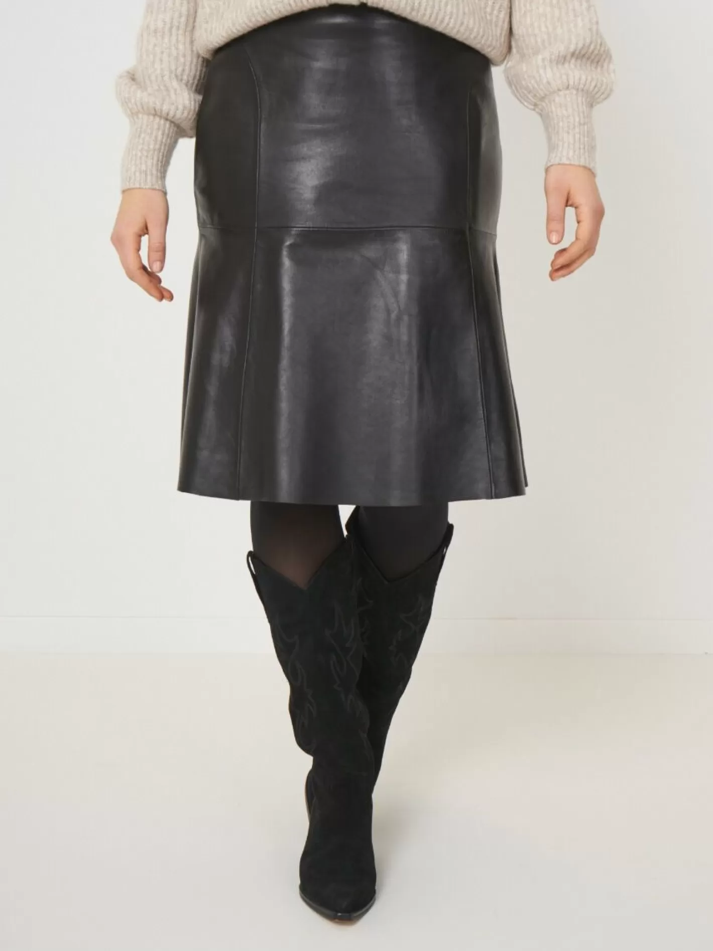 Leather<REPEAT cashmere Knee Length A-Line Leather Skirt Black