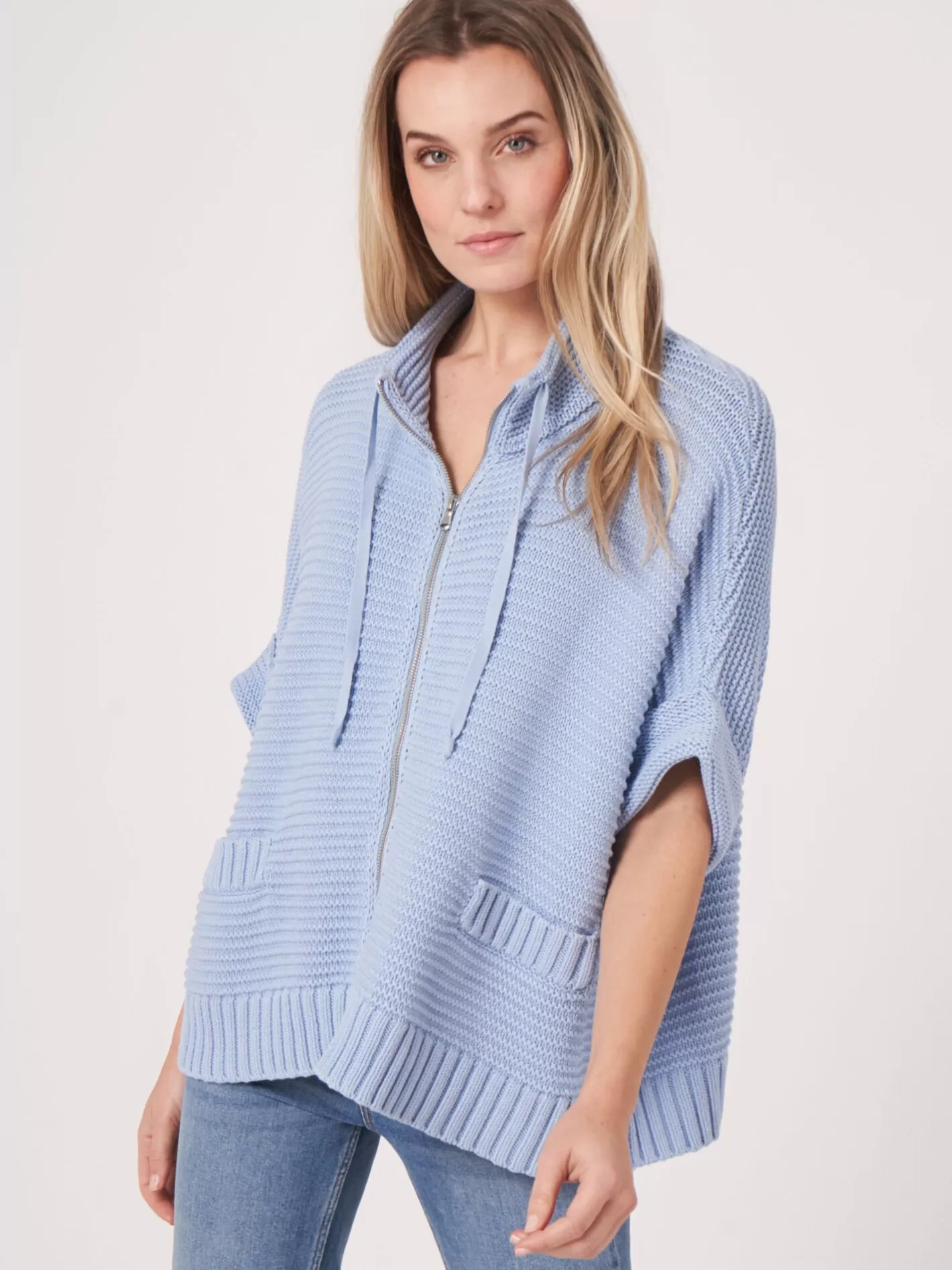 Ponchos<REPEAT cashmere Knitted Cotton Poncho With Zip And Chunky Rib Texture Lt Blue