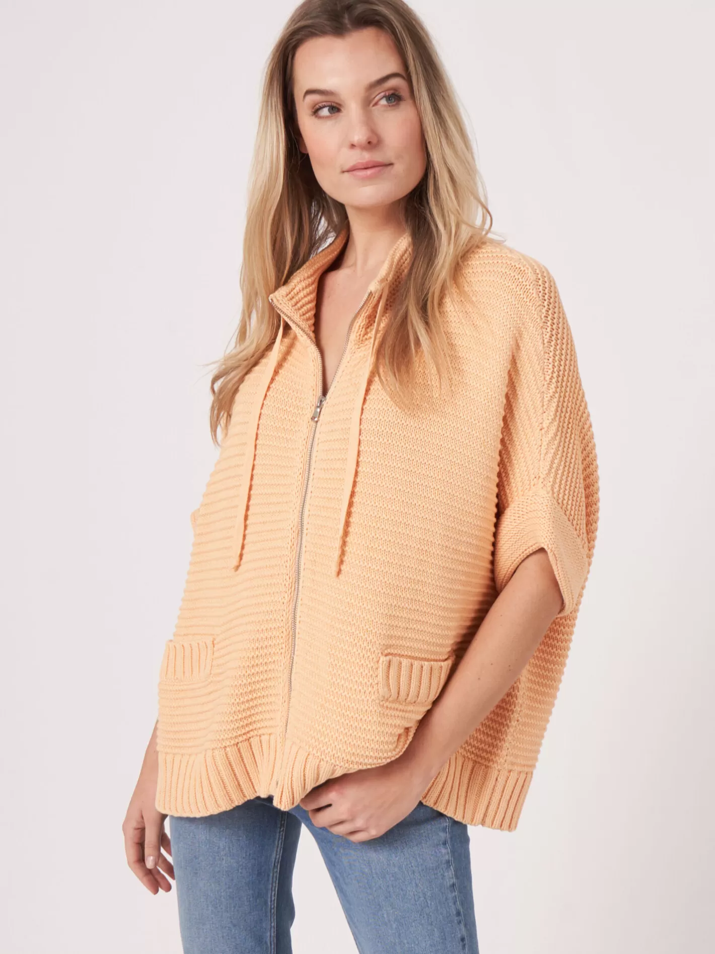 Ponchos<REPEAT cashmere Knitted Cotton Poncho With Zip And Chunky Rib Texture Glow