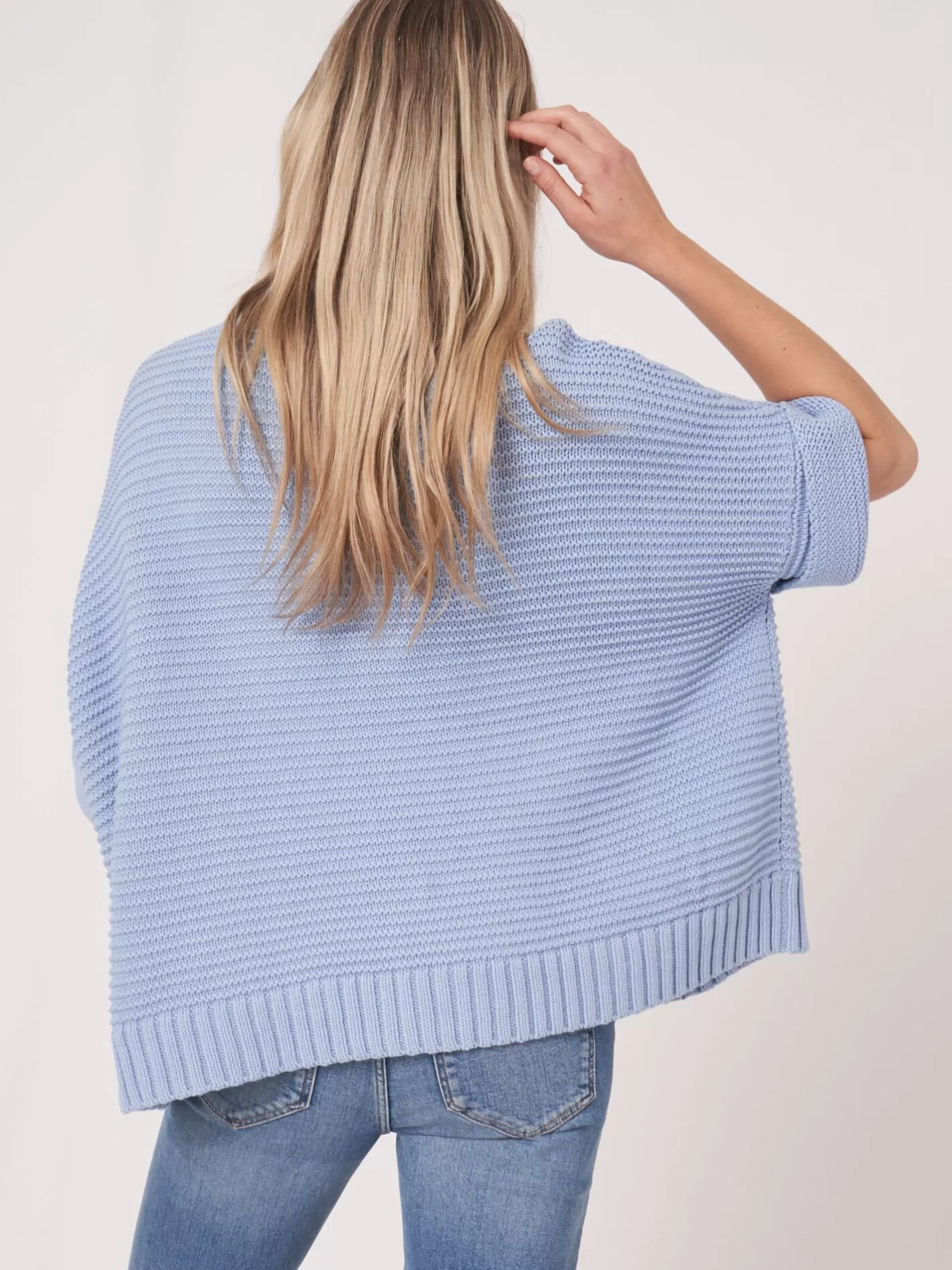 Ponchos<REPEAT cashmere Knitted Cotton Poncho With Zip And Chunky Rib Texture Lt Blue