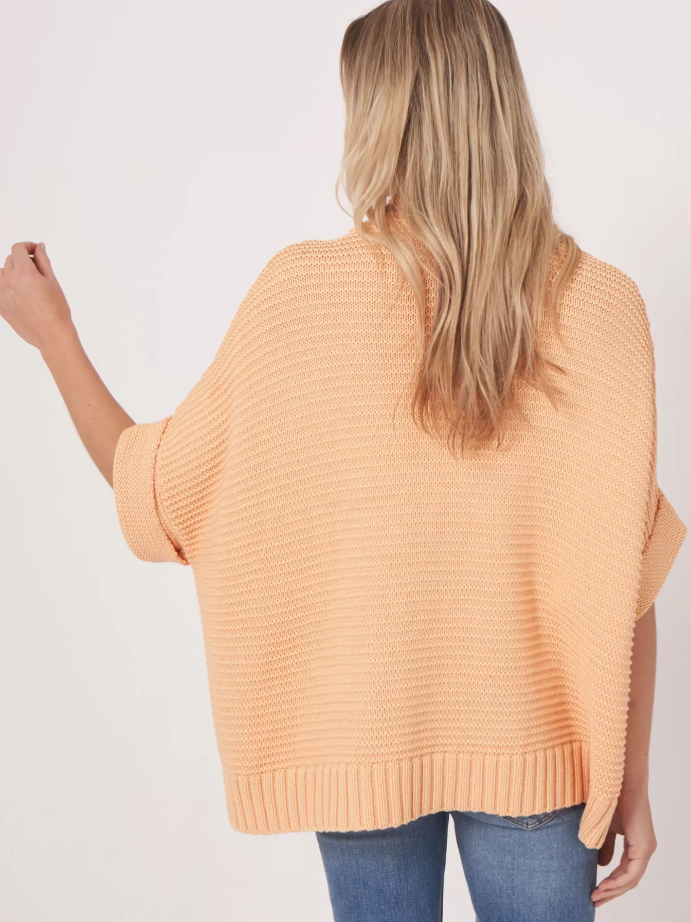 Ponchos<REPEAT cashmere Knitted Cotton Poncho With Zip And Chunky Rib Texture Glow