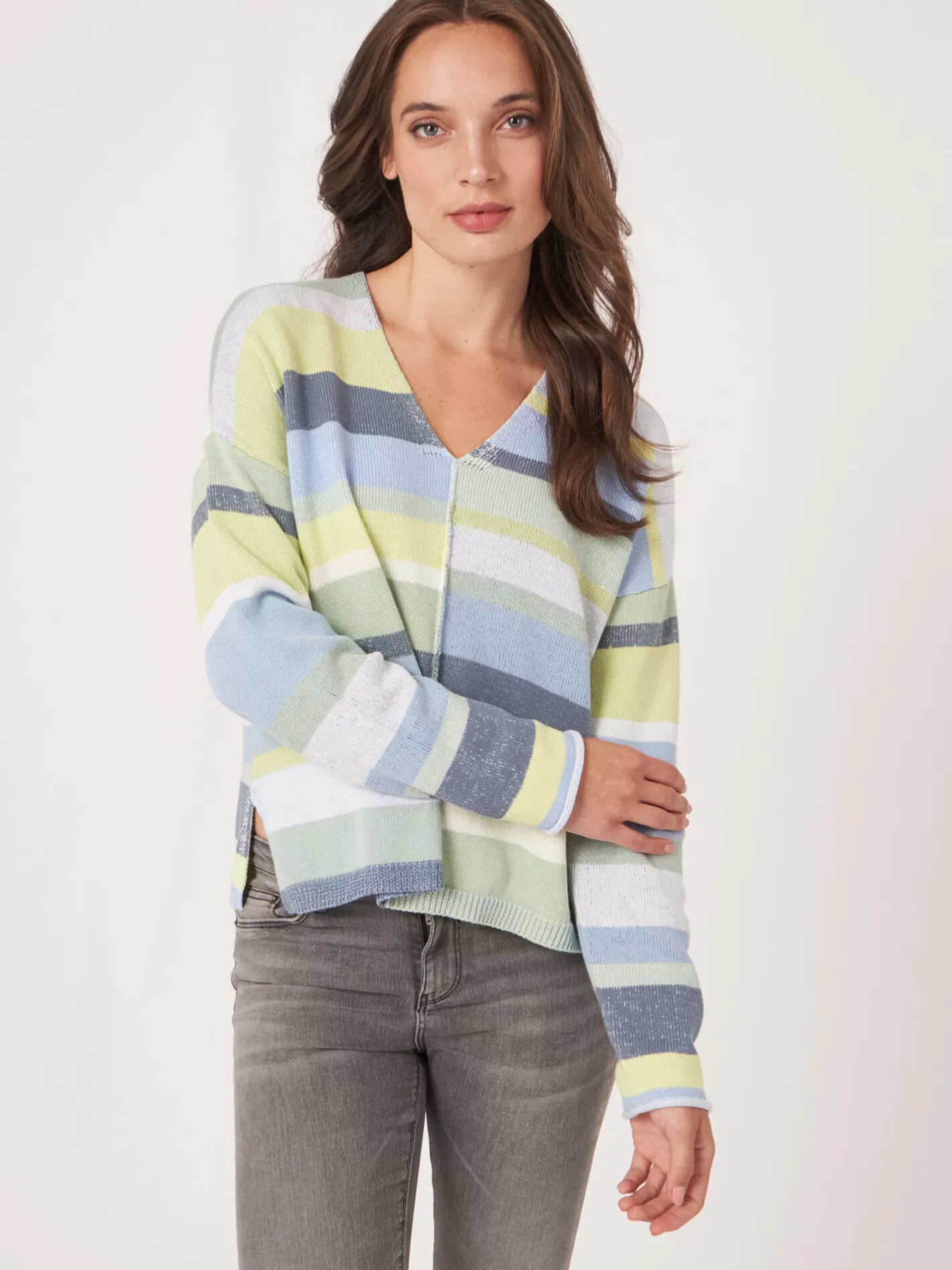 Sweaters<REPEAT cashmere Knitted Cotton Sweater With Multicolor Stripes Denim Multicolor