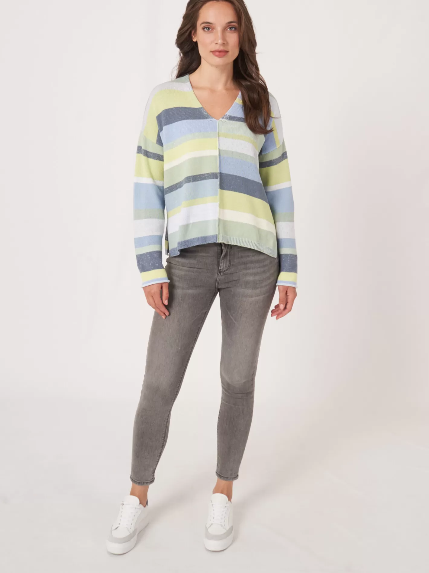 Sweaters<REPEAT cashmere Knitted Cotton Sweater With Multicolor Stripes Denim Multicolor