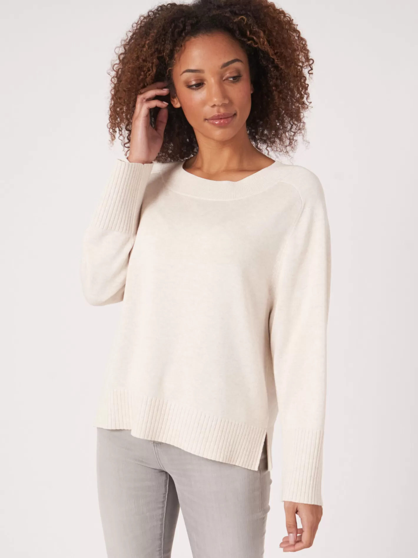 Sweaters<REPEAT cashmere Knitted Sweater With Wide Ribbed Hem Ivory