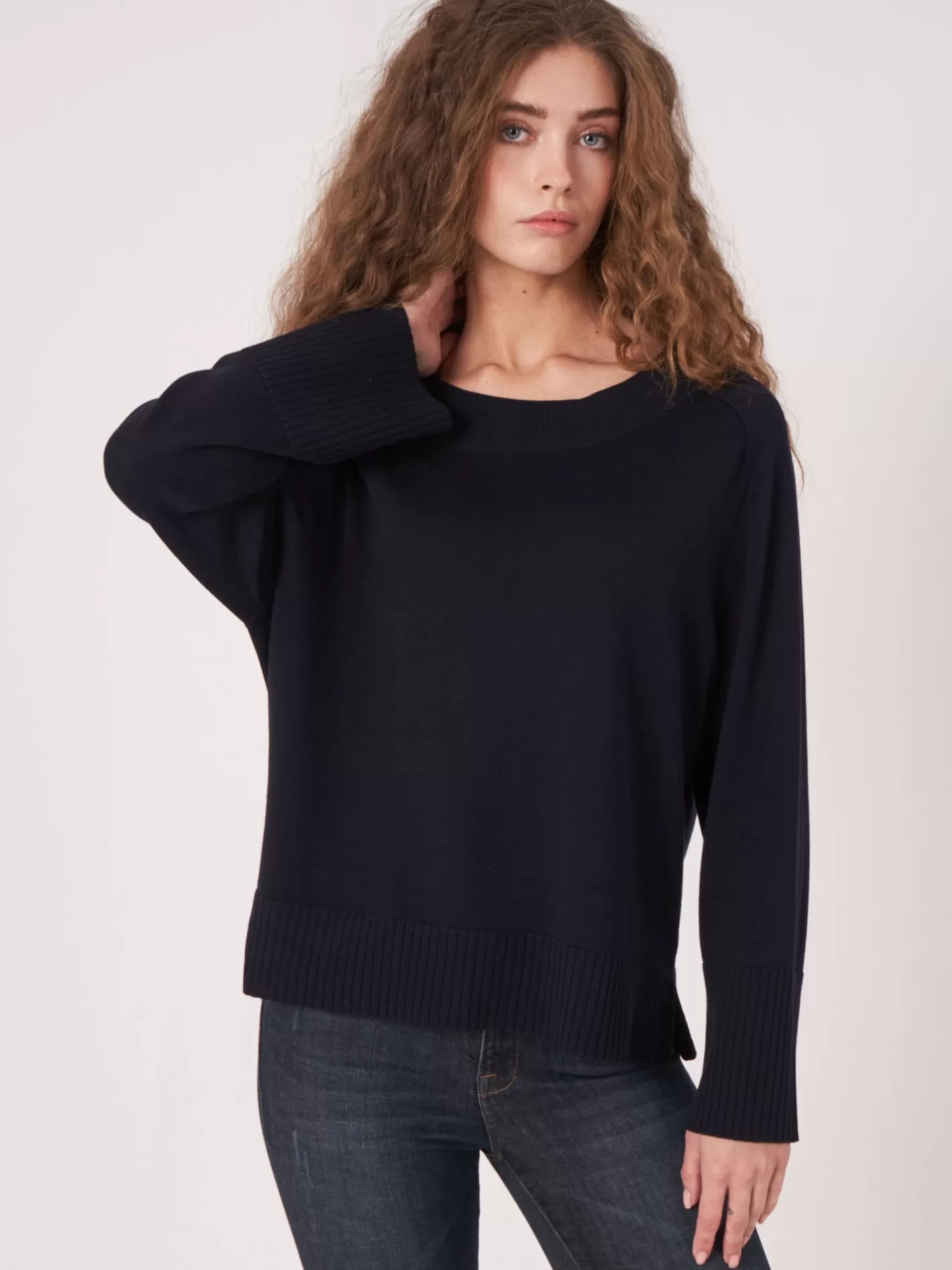 Sweaters<REPEAT cashmere Knitted Sweater With Wide Ribbed Hem Navy