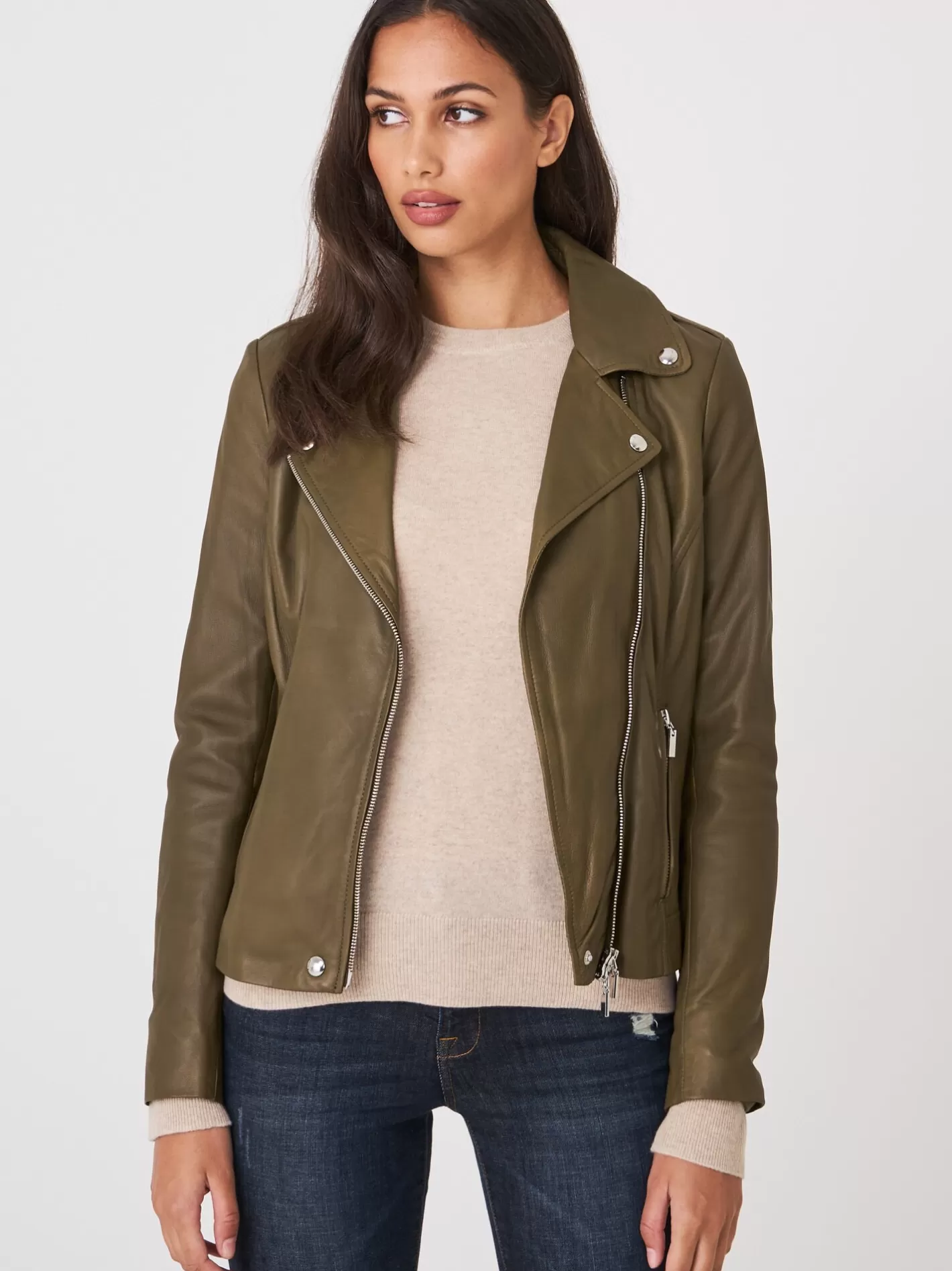 Leather<REPEAT cashmere Leather Biker Jacket Verde