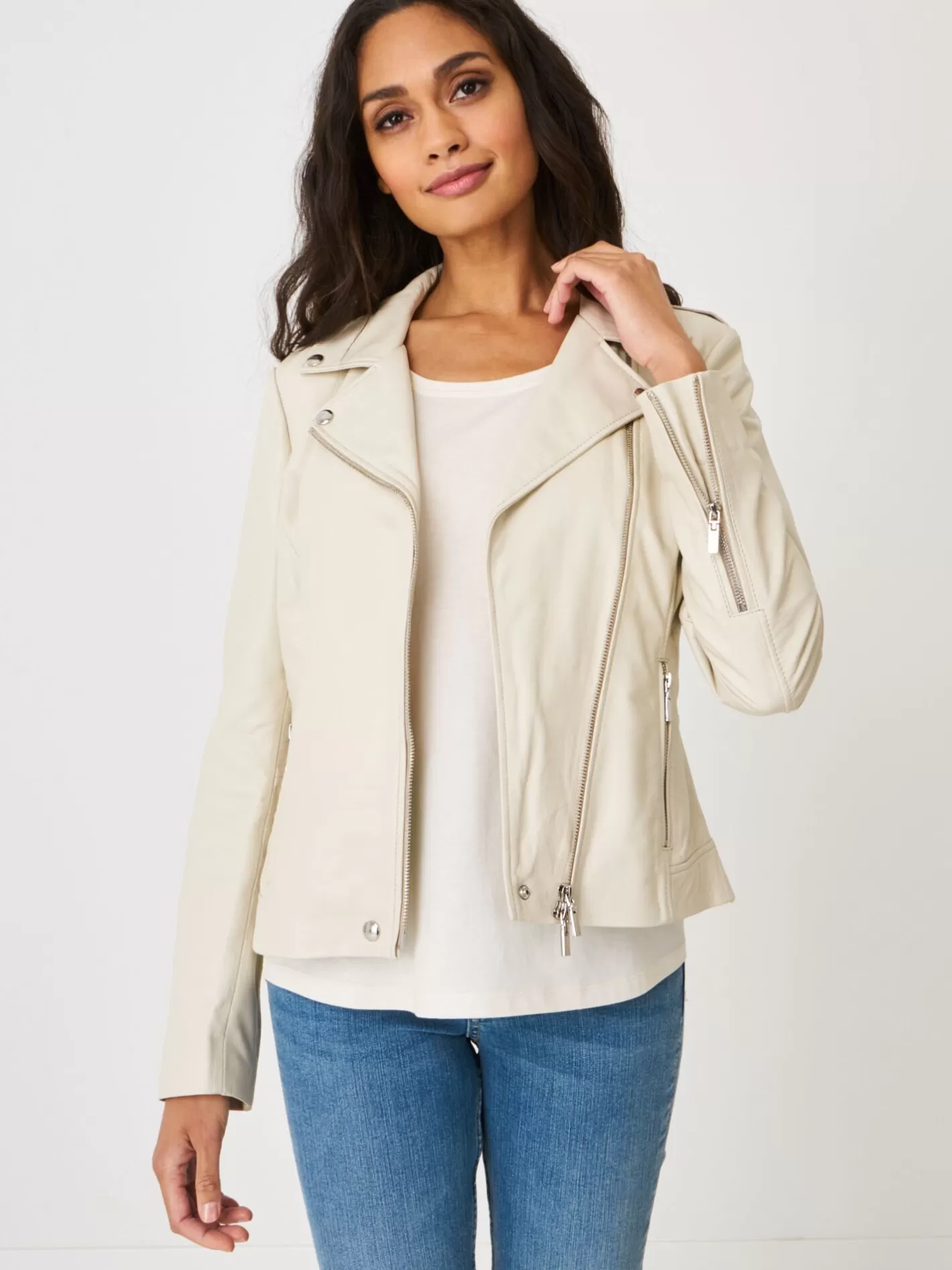 Leather<REPEAT cashmere Leather Biker Jacket Almond