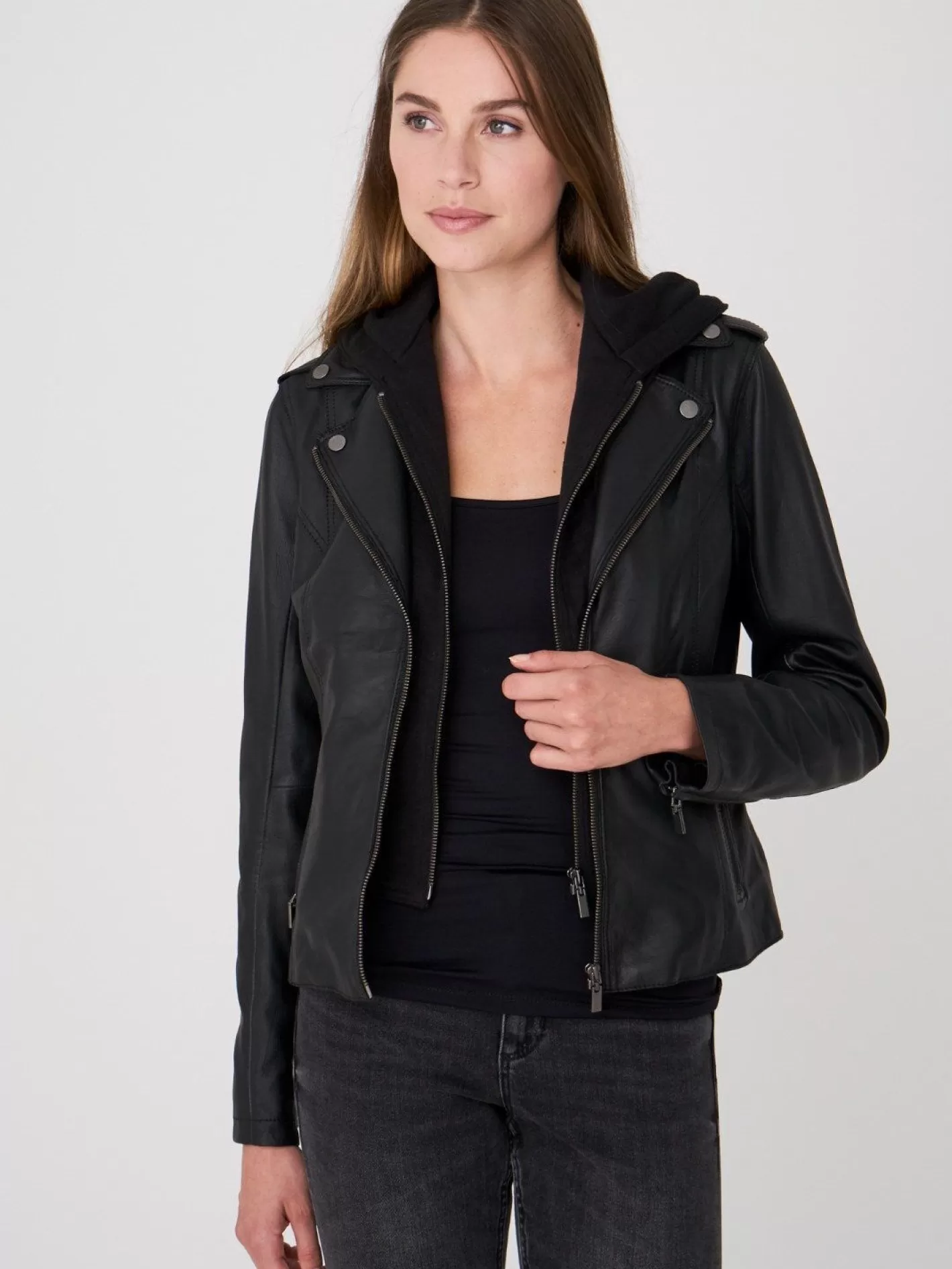 Leather<REPEAT cashmere Leather Biker Jacket With Hood Black