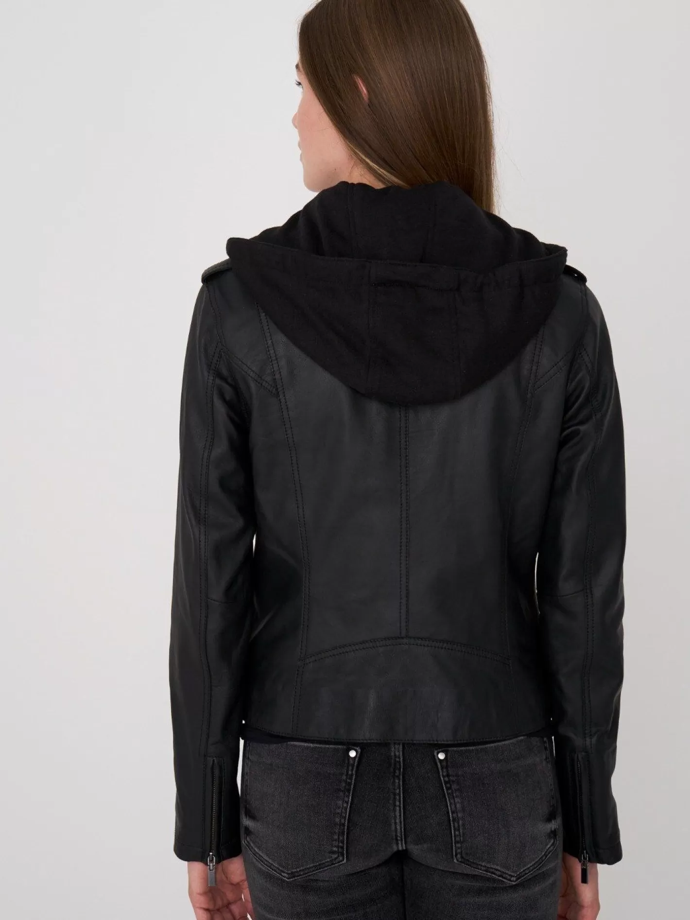 Leather<REPEAT cashmere Leather Biker Jacket With Hood Black