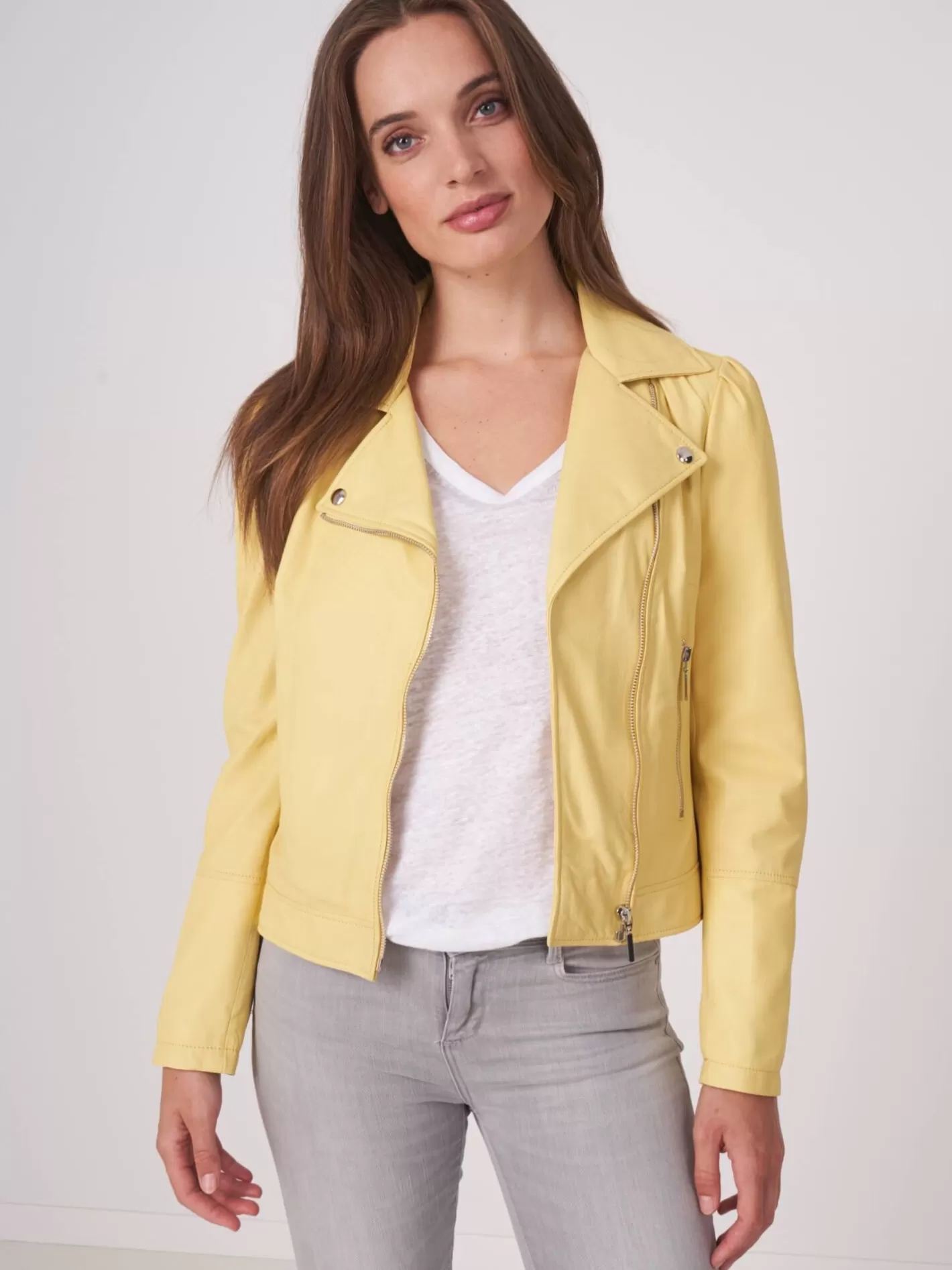 Leather<REPEAT cashmere Leather Biker Jacket With Puff Shoulders Lemonade