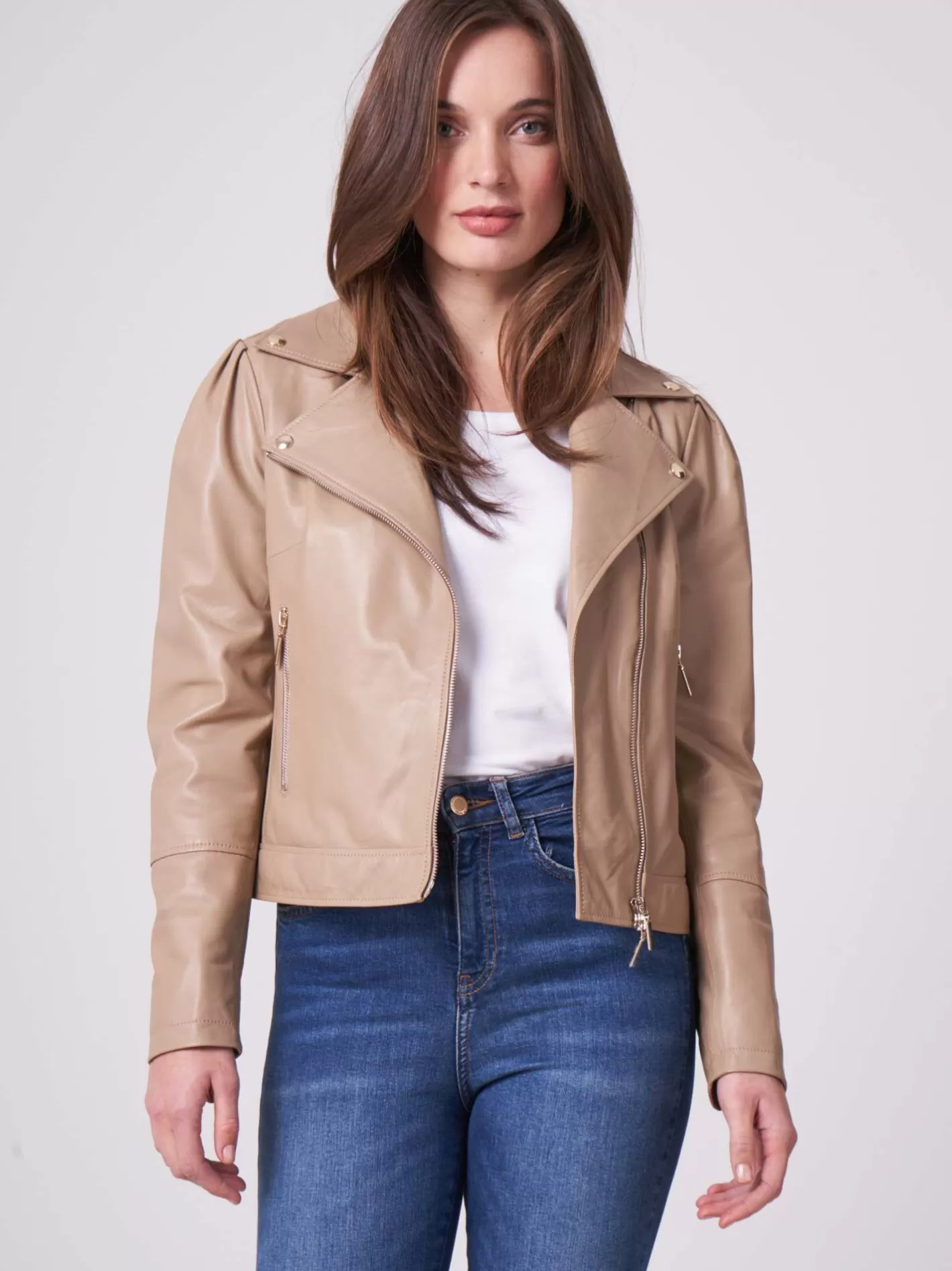 Leather<REPEAT cashmere Leather Biker Jacket With Puff Shoulders Nougat